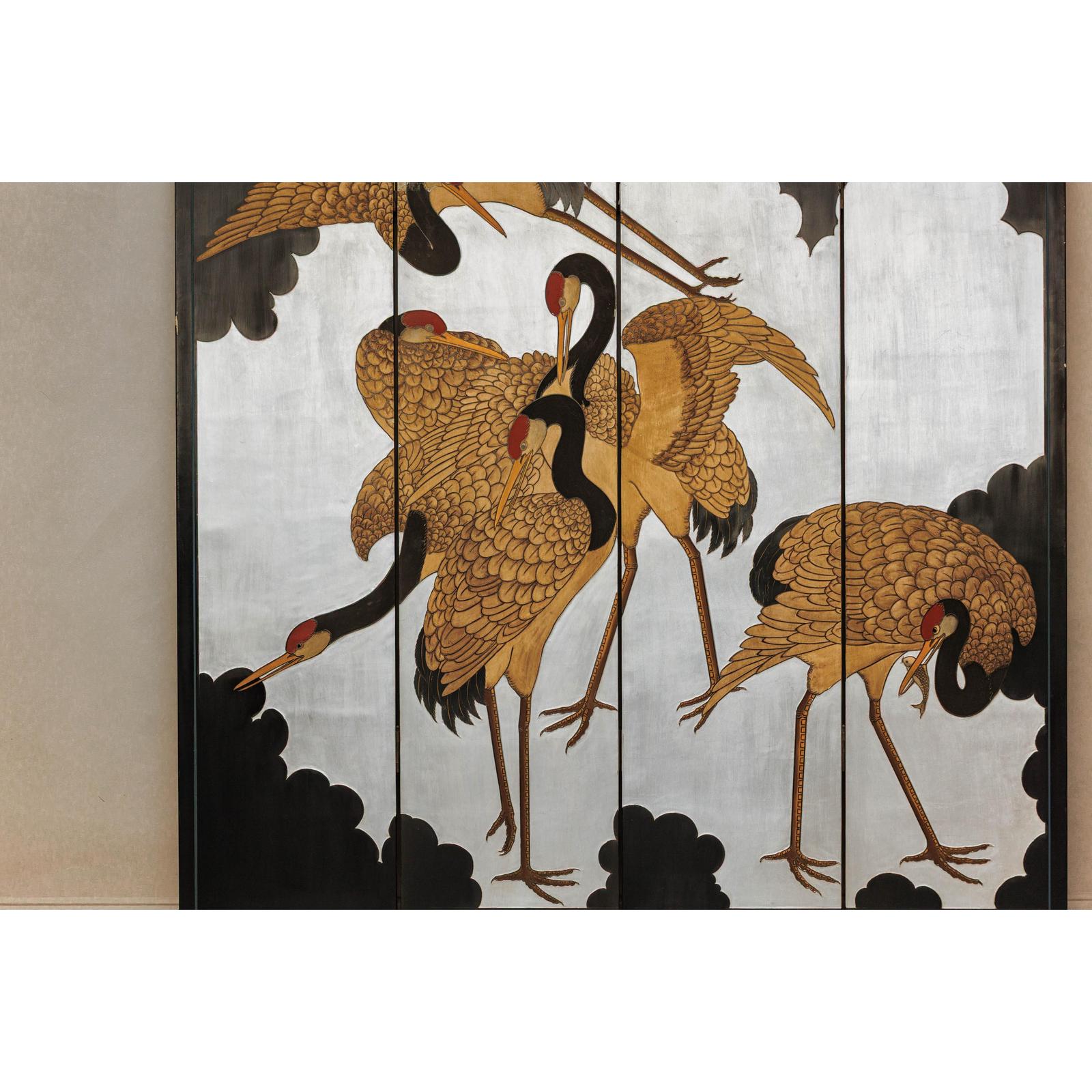 Vintage Four-Panel Screen with Silver Ground and Hand-Painted Cranes-5. Asian &amp; Chinese Furniture, Art, Antiques, Vintage Home Décor for sale at FEA Home