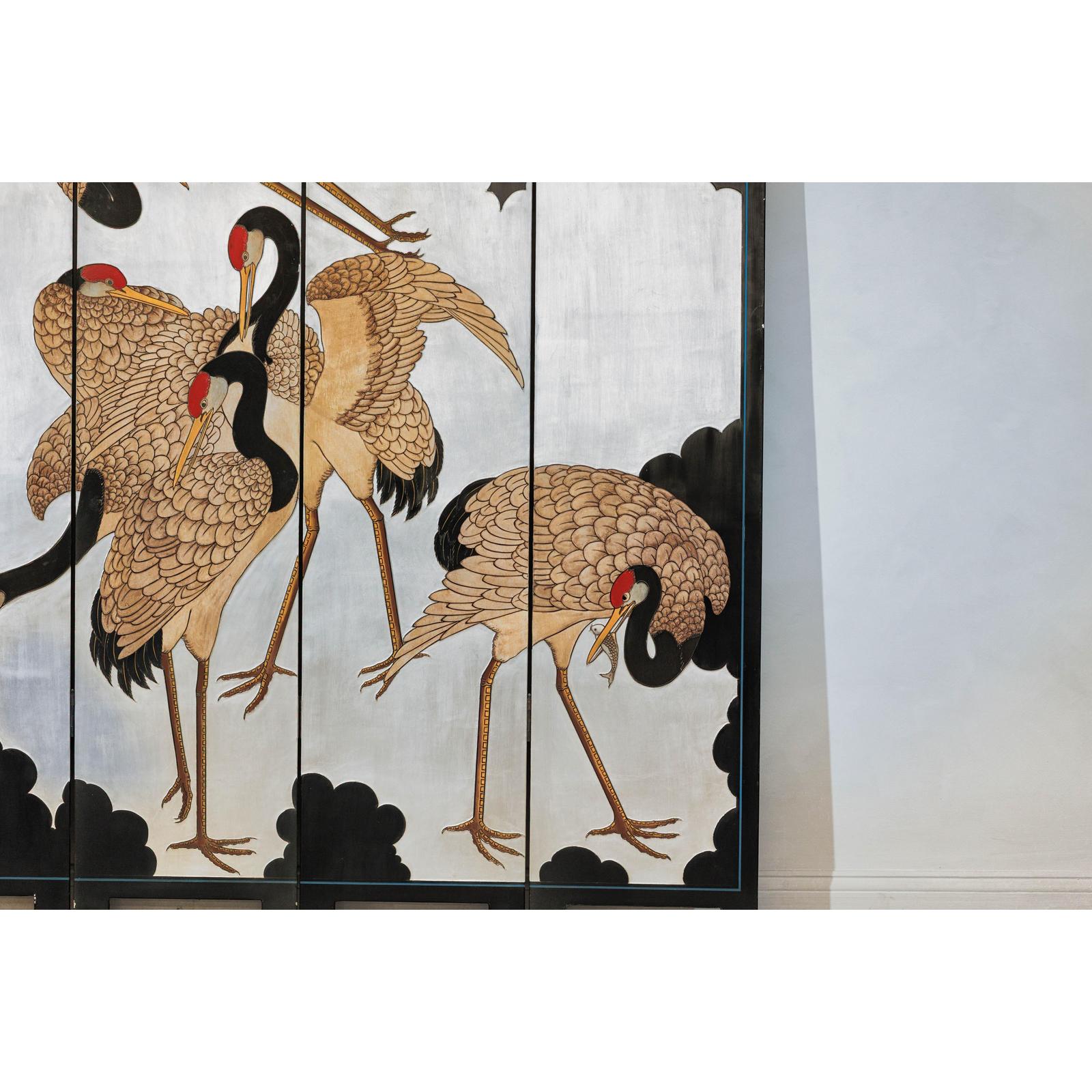 Vintage Four-Panel Screen with Silver Ground and Hand-Painted Cranes-6. Asian &amp; Chinese Furniture, Art, Antiques, Vintage Home Décor for sale at FEA Home