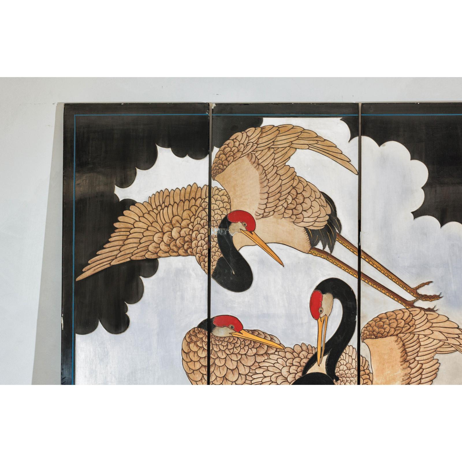 Vintage Four-Panel Screen with Silver Ground and Hand-Painted Cranes-7. Asian &amp; Chinese Furniture, Art, Antiques, Vintage Home Décor for sale at FEA Home