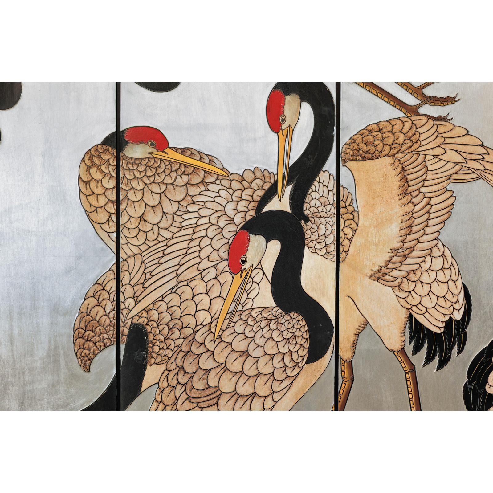 Vintage Four-Panel Screen with Silver Ground and Hand-Painted Cranes-8. Asian &amp; Chinese Furniture, Art, Antiques, Vintage Home Décor for sale at FEA Home
