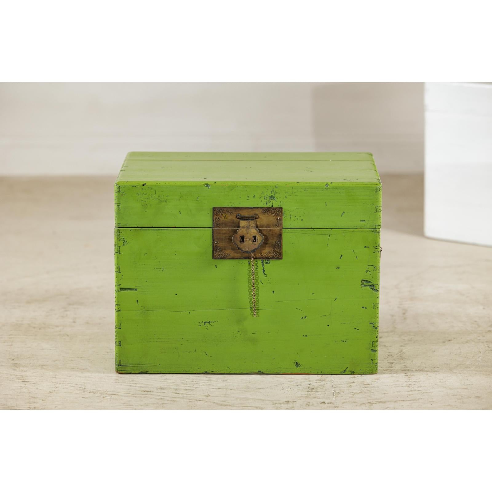 Vintage Green Lacquered Trunk with Brass Hardware