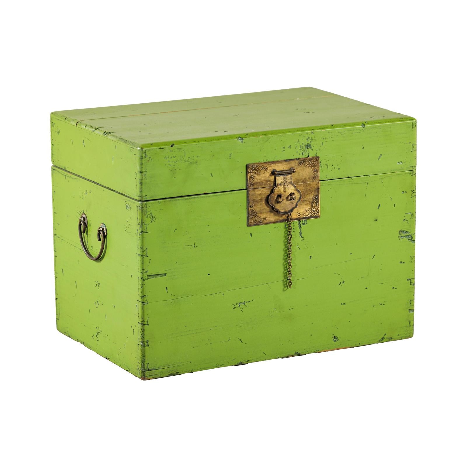 Vintage Green Lacquered Trunk with Brass Hardware