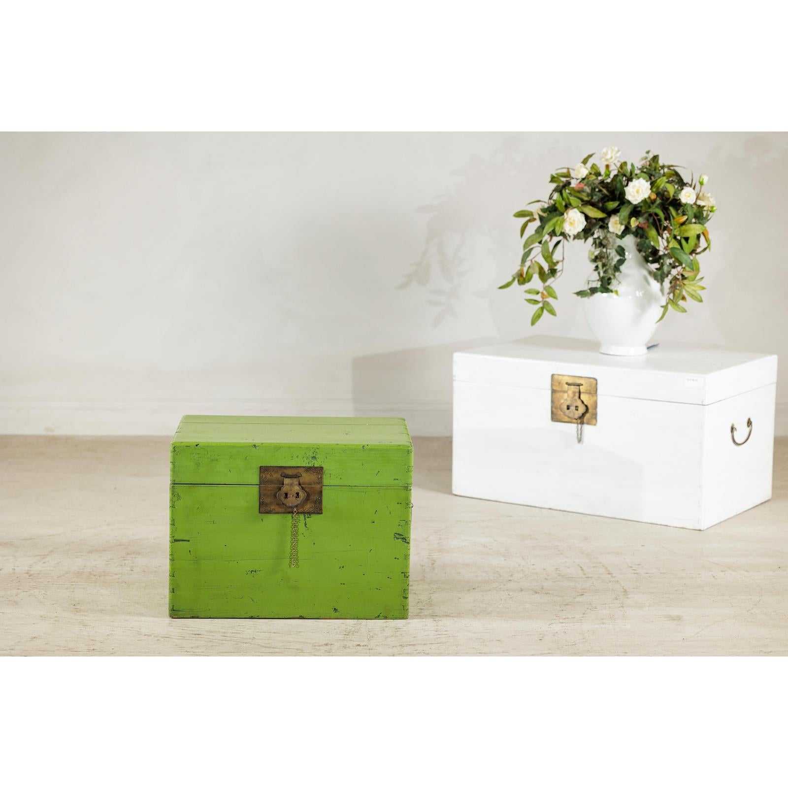 Vintage Green Lacquered Trunk with Brass Hardware