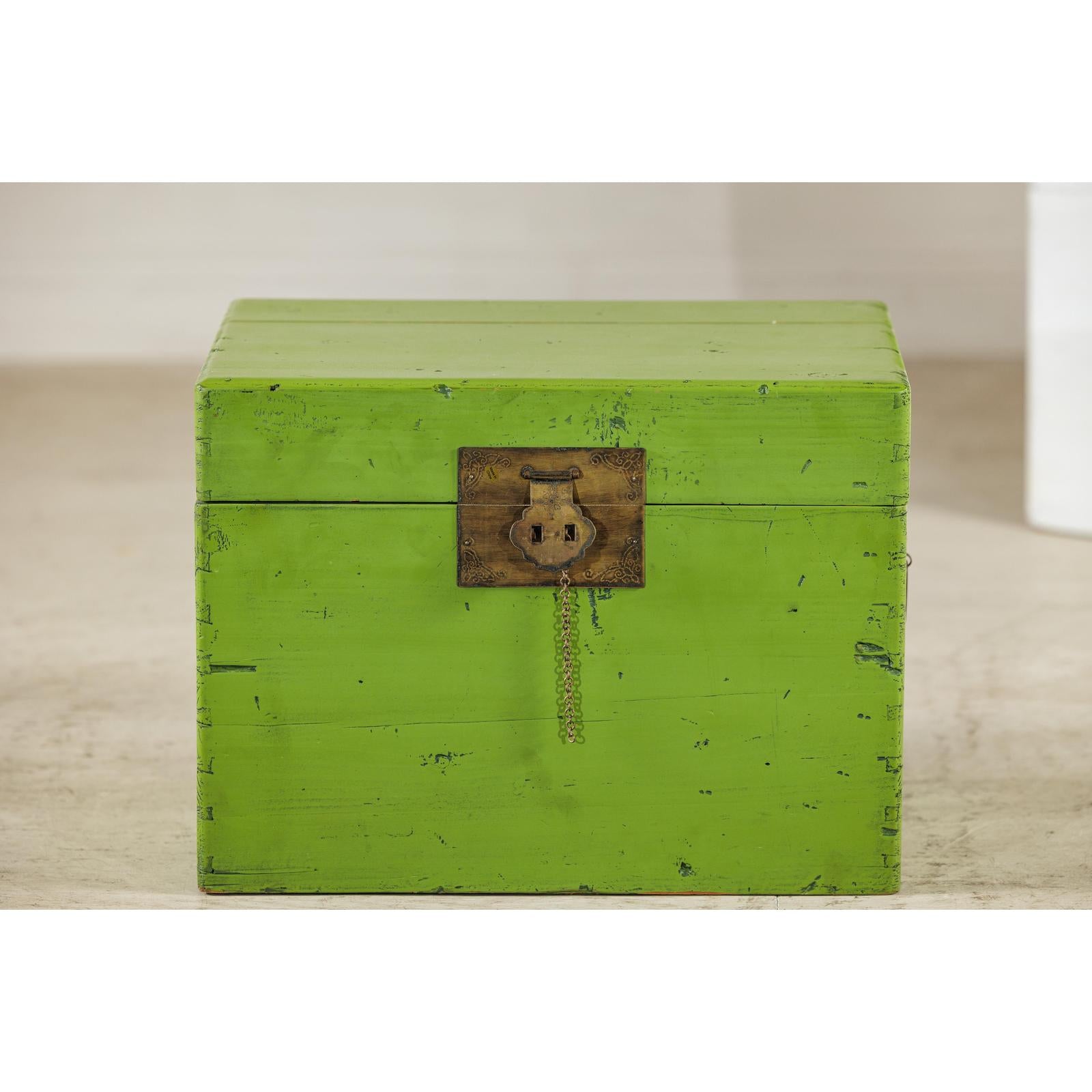 Vintage Green Lacquered Trunk with Brass Hardware