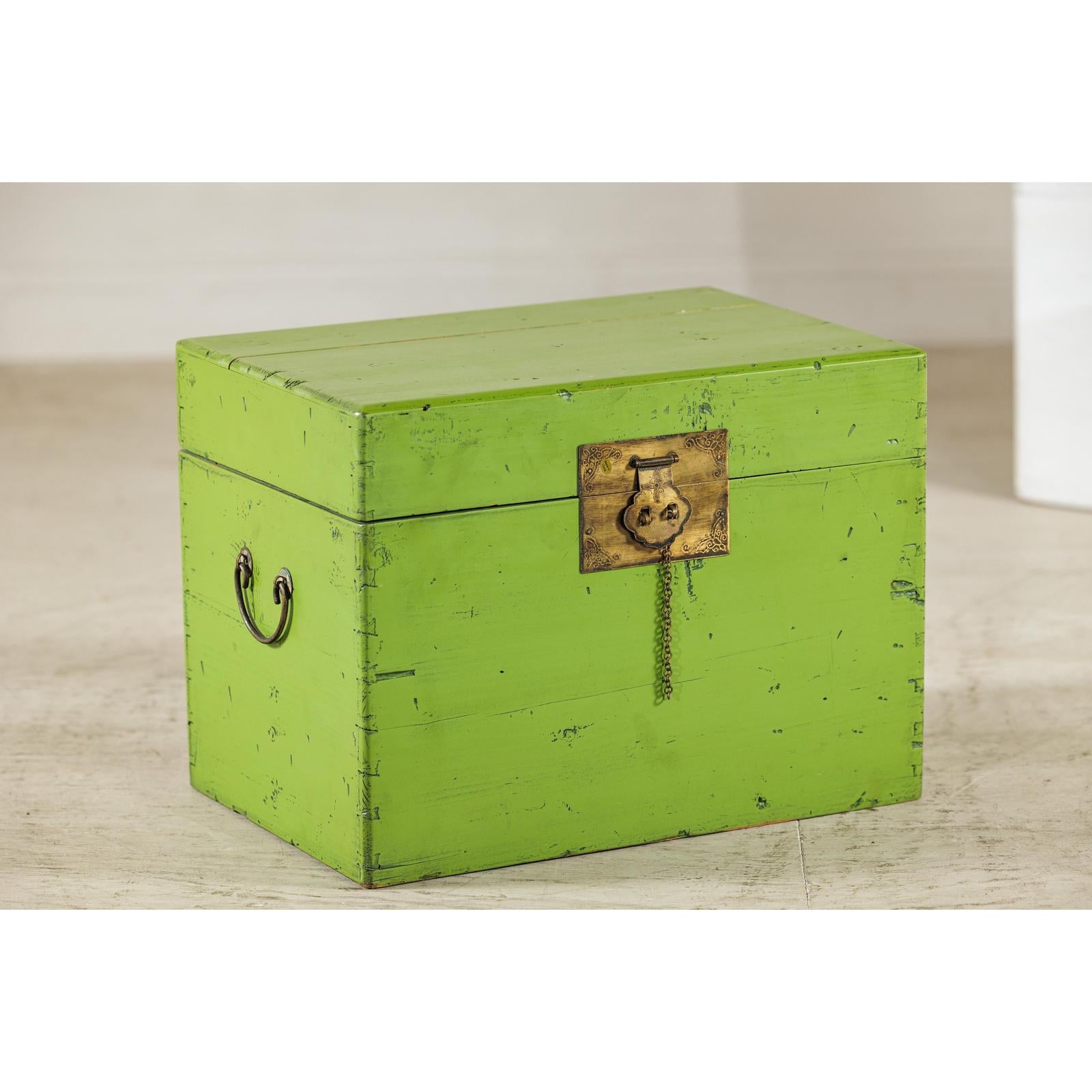 Vintage Green Lacquered Trunk with Brass Hardware
