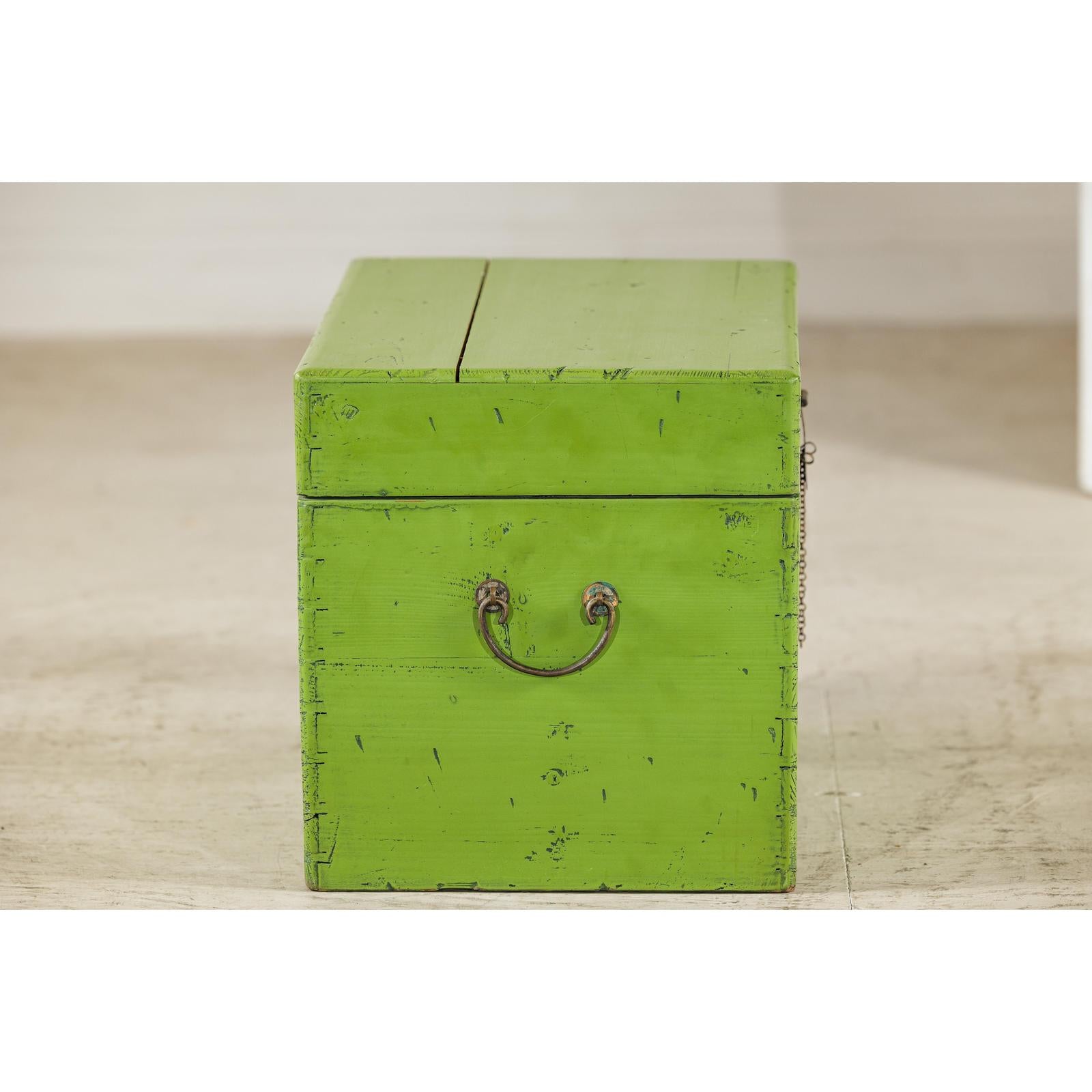 Vintage Green Lacquered Trunk with Brass Hardware