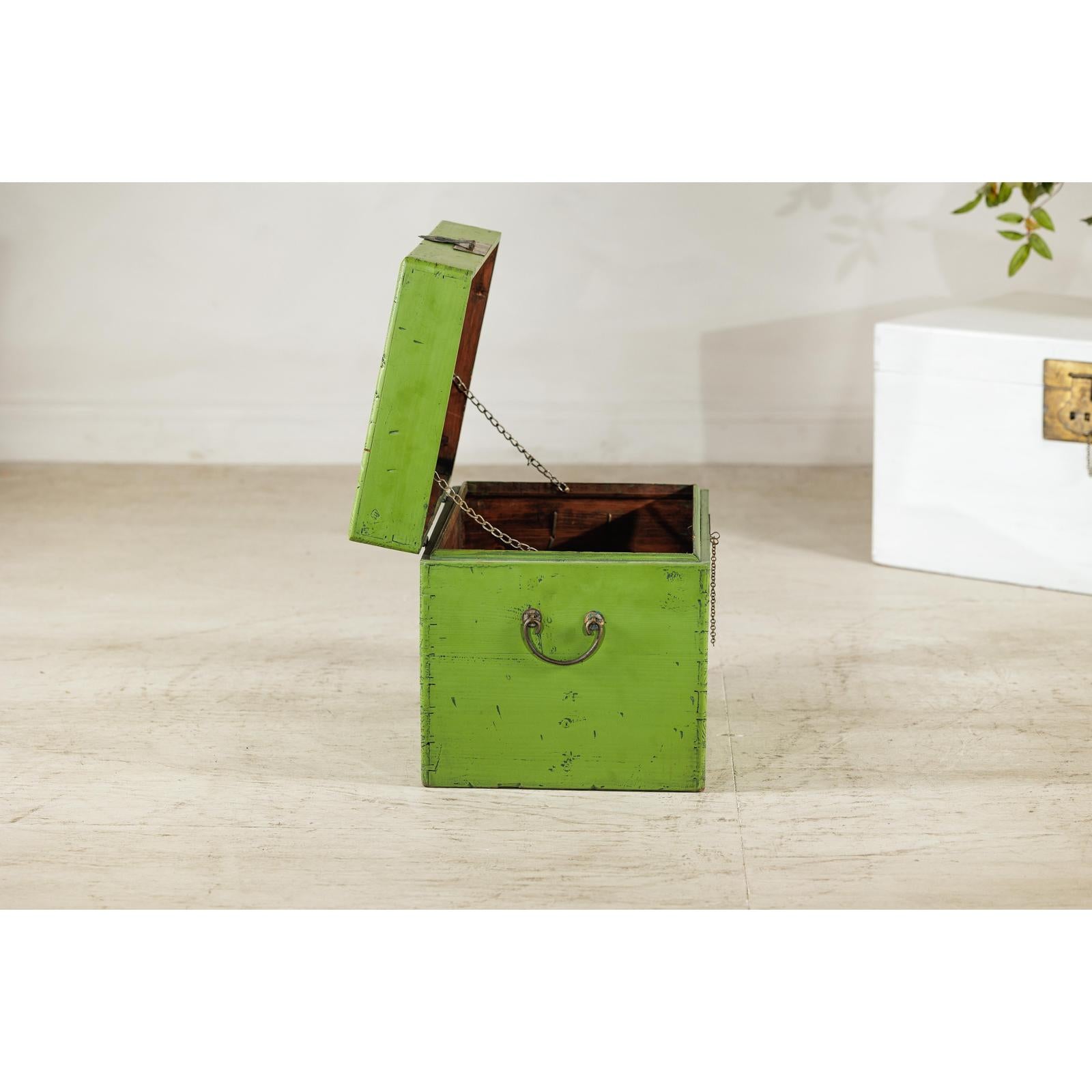 Vintage Green Lacquered Trunk with Brass Hardware