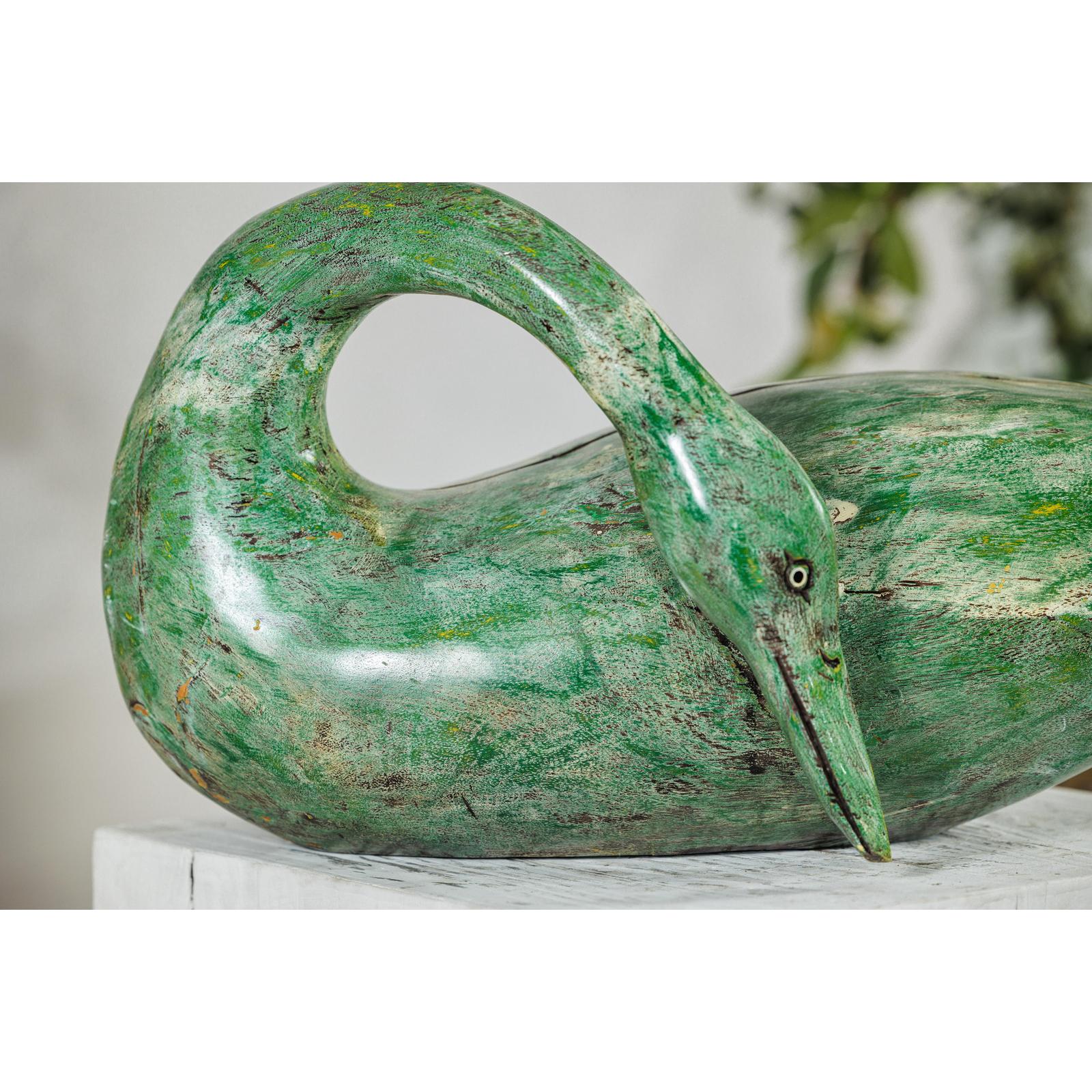 Vintage Green Painted Wooden Swan with Carved Curved Neck-11. Asian &amp; Chinese Furniture, Art, Antiques, Vintage Home Décor for sale at FEA Home