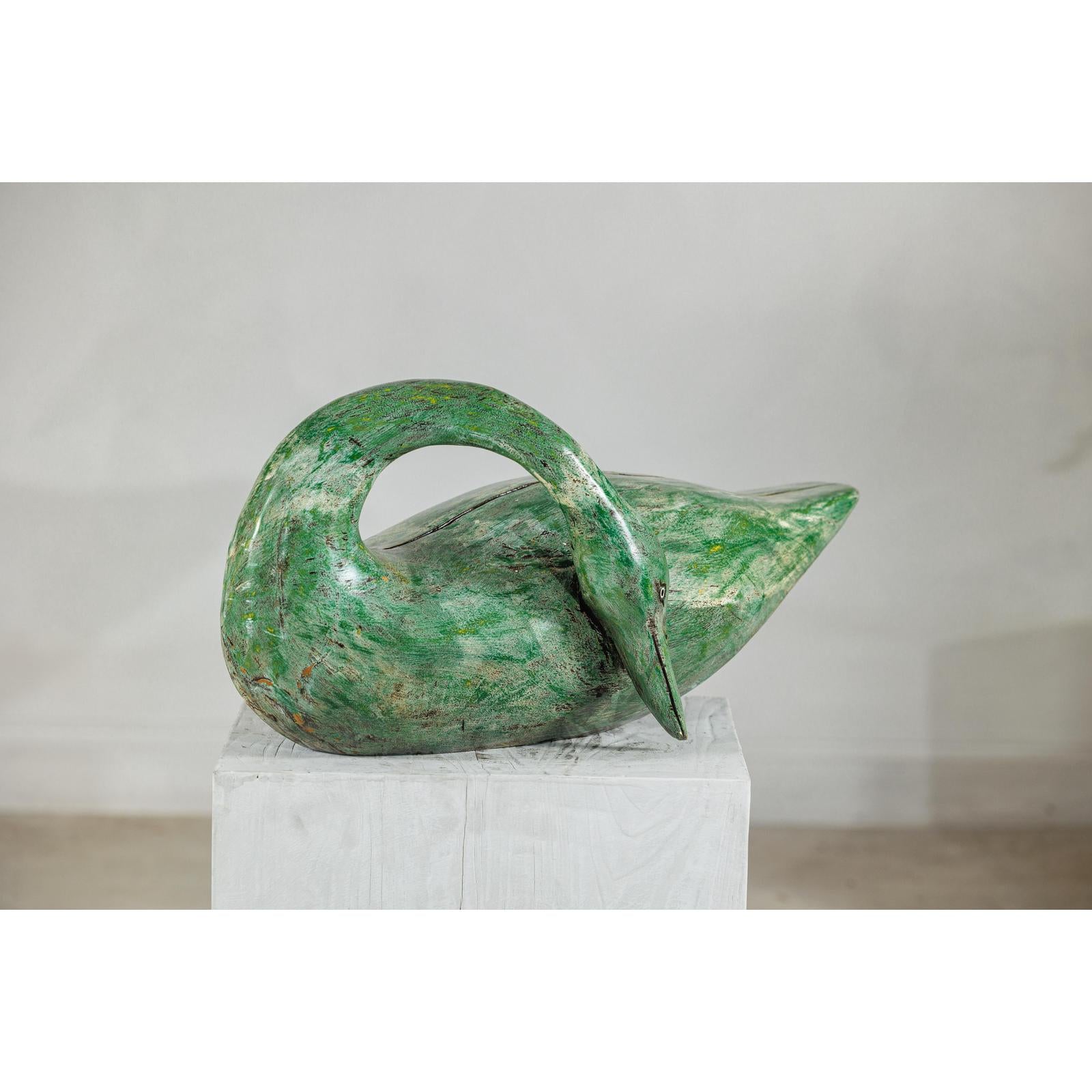 Vintage Green Painted Wooden Swan with Carved Curved Neck-12. Asian &amp; Chinese Furniture, Art, Antiques, Vintage Home Décor for sale at FEA Home