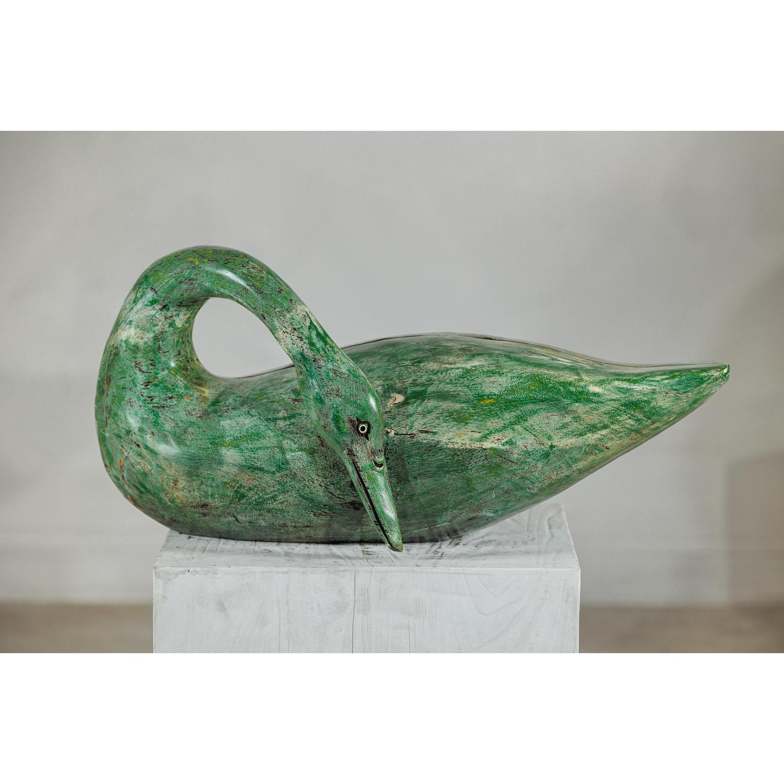 Vintage Green Painted Wooden Swan with Carved Curved Neck-16. Asian &amp; Chinese Furniture, Art, Antiques, Vintage Home Décor for sale at FEA Home