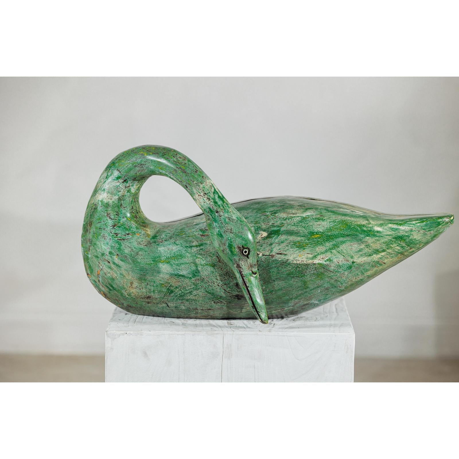 Vintage Green Painted Wooden Swan with Carved Curved Neck-2. Asian & Chinese Furniture, Art, Antiques, Vintage Home Décor for sale at FEA Home