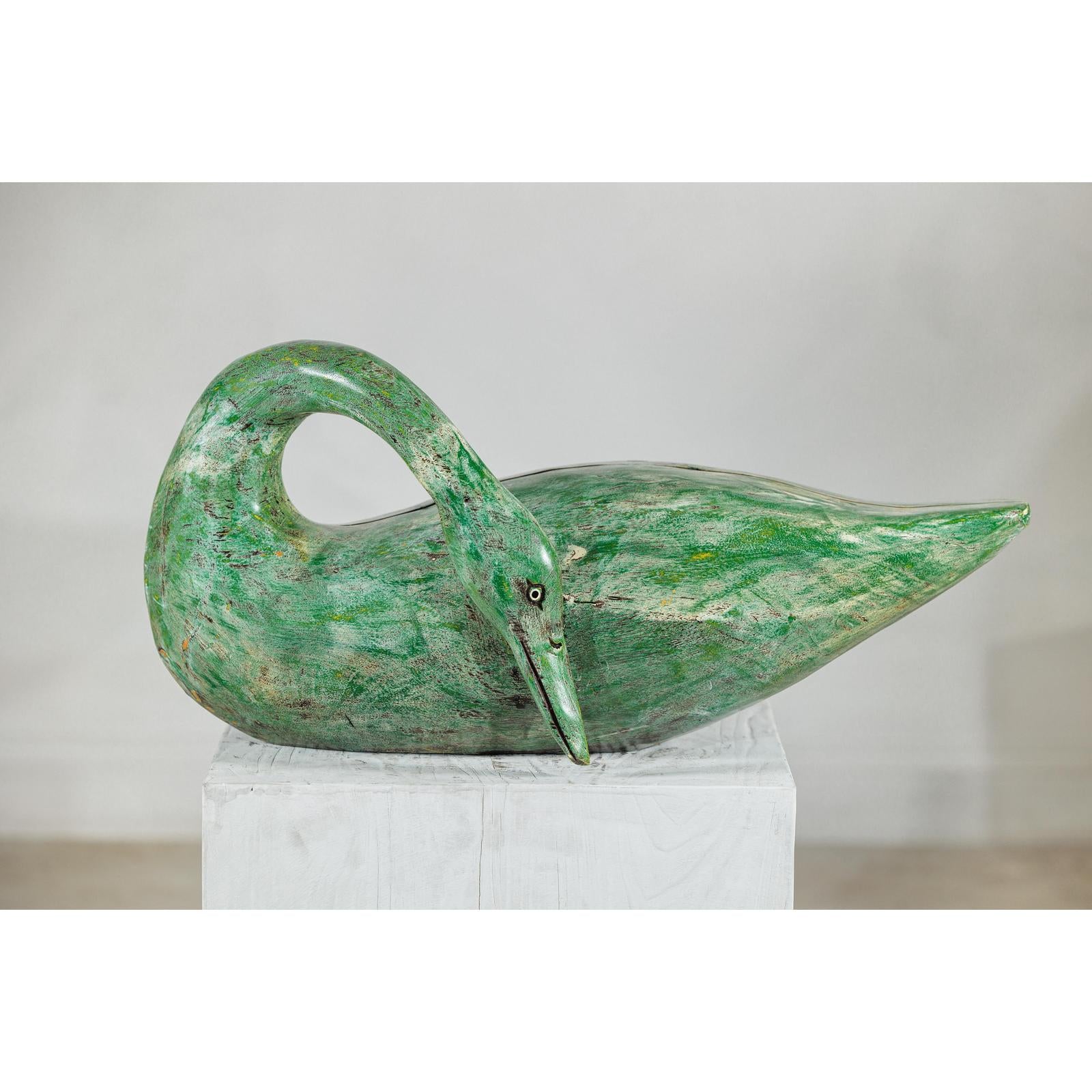 Vintage Green Painted Wooden Swan with Carved Curved Neck-3. Asian &amp; Chinese Furniture, Art, Antiques, Vintage Home Décor for sale at FEA Home