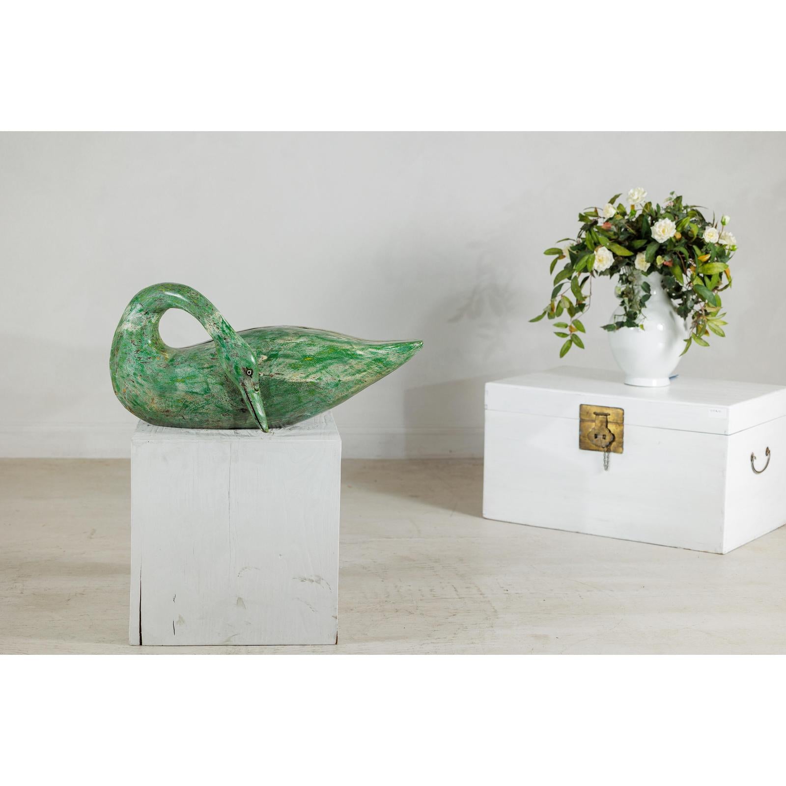 Vintage Green Painted Wooden Swan with Carved Curved Neck-4. Asian &amp; Chinese Furniture, Art, Antiques, Vintage Home Décor for sale at FEA Home