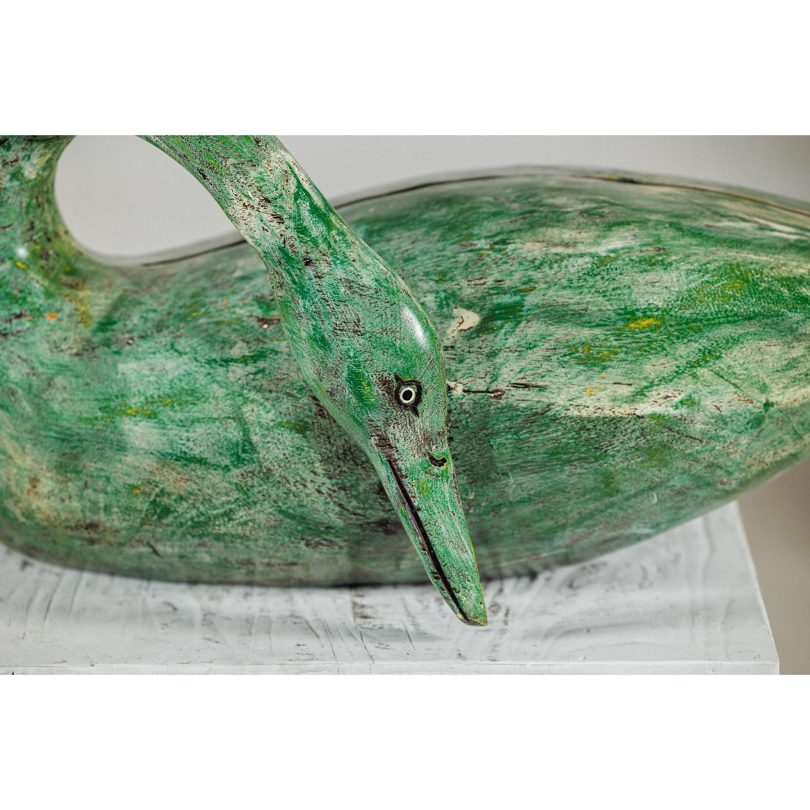 Vintage Green Painted Wooden Swan with Carved Curved Neck-5. Asian &amp; Chinese Furniture, Art, Antiques, Vintage Home Décor for sale at FEA Home