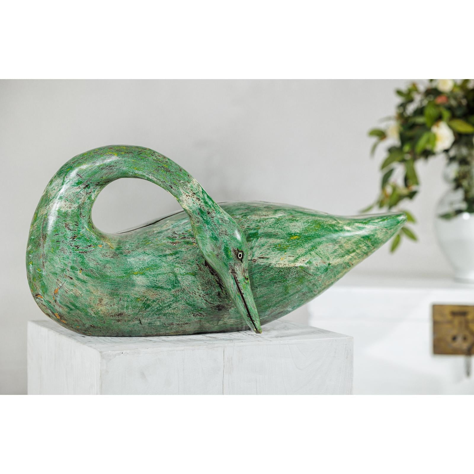 Vintage Green Painted Wooden Swan with Carved Curved Neck-7. Asian &amp; Chinese Furniture, Art, Antiques, Vintage Home Décor for sale at FEA Home