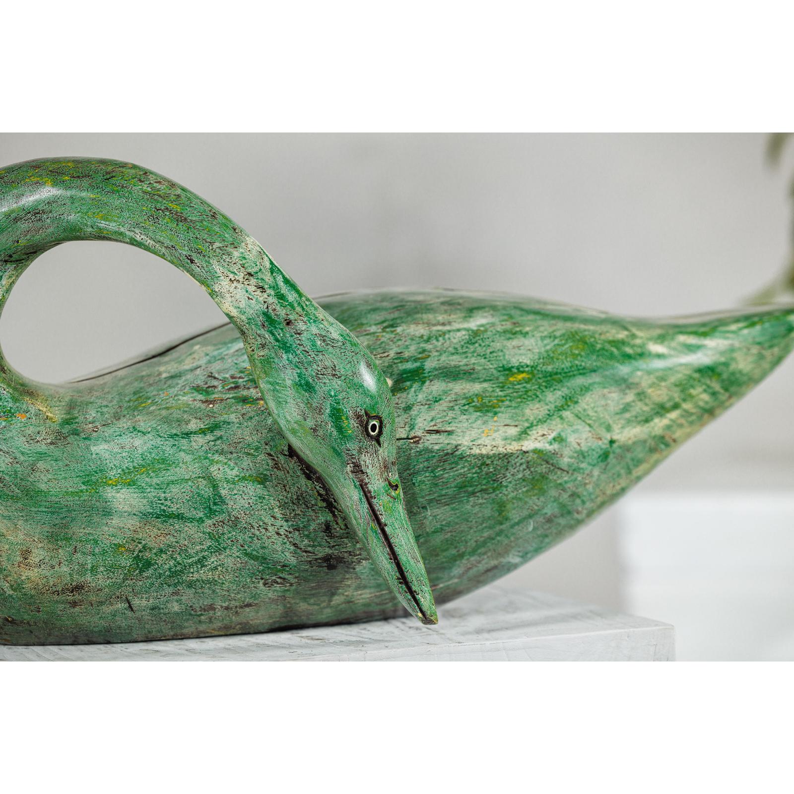Vintage Green Painted Wooden Swan with Carved Curved Neck-8. Asian &amp; Chinese Furniture, Art, Antiques, Vintage Home Décor for sale at FEA Home
