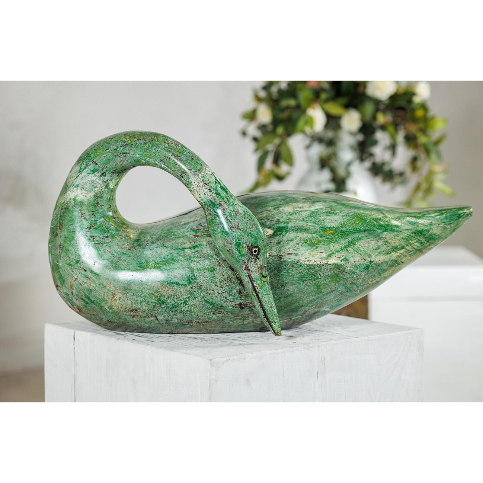 Vintage Green Painted Wooden Swan with Carved Curved Neck-9. Asian &amp; Chinese Furniture, Art, Antiques, Vintage Home Décor for sale at FEA Home