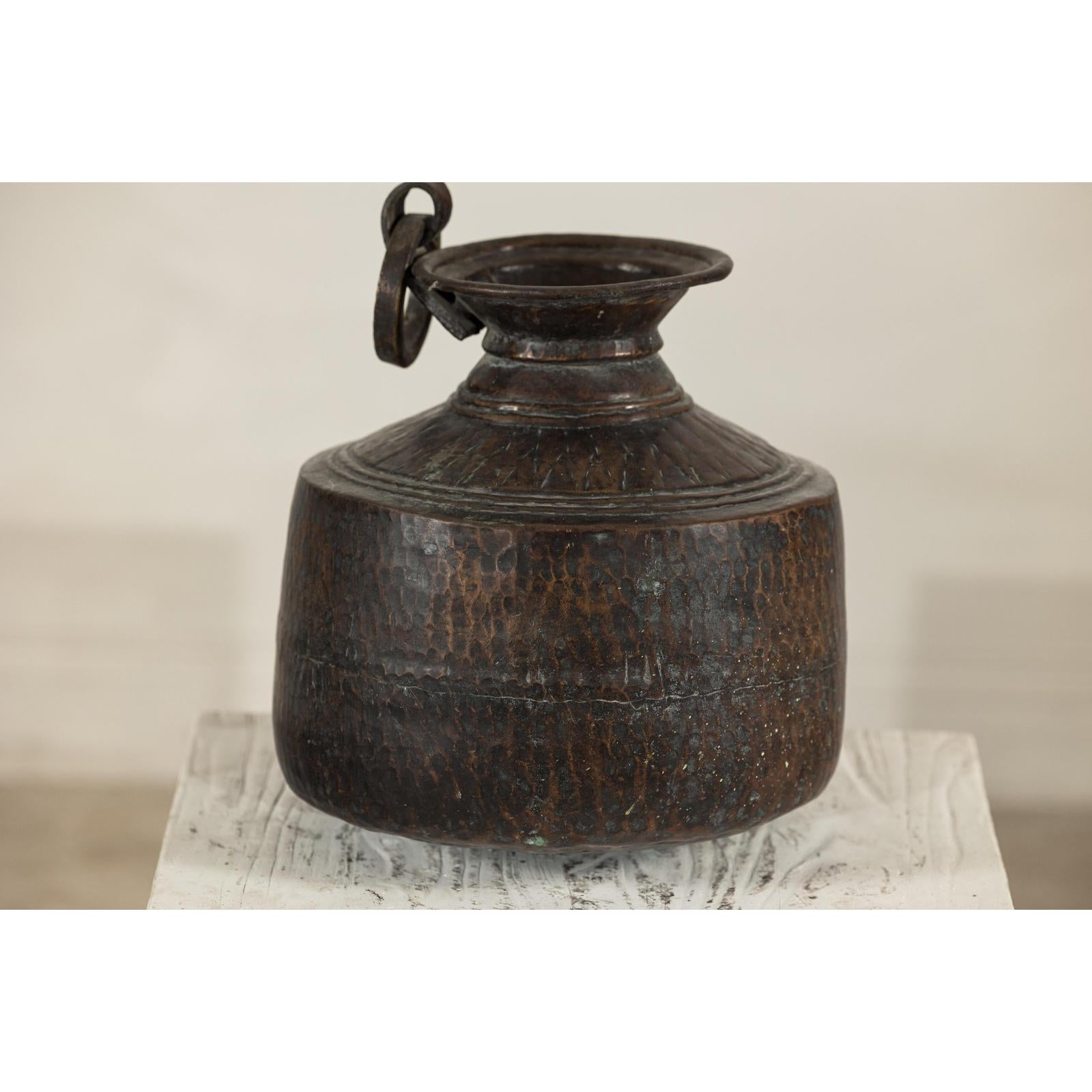 Vintage Hand-Hammered Metal Jug with Ring Handle