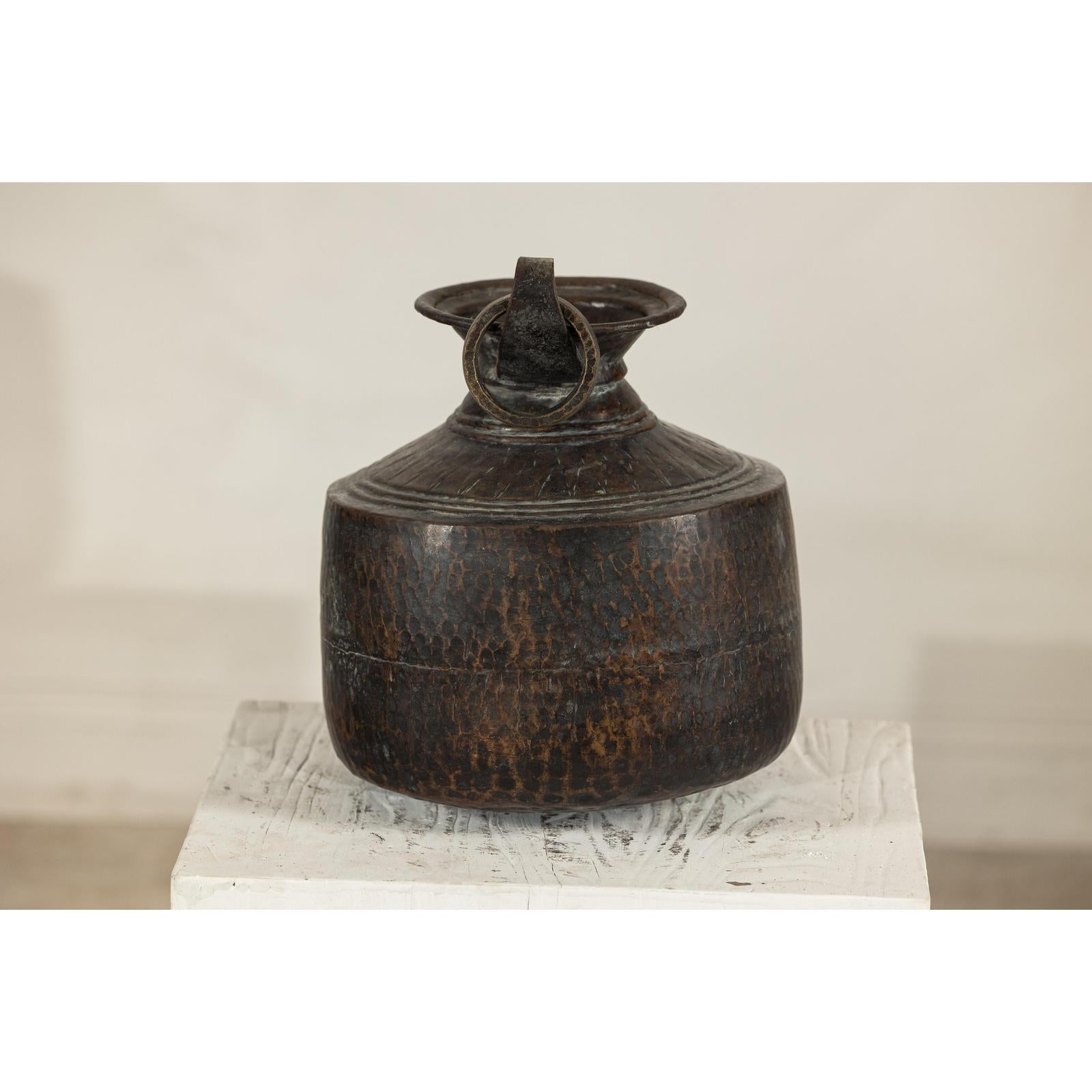 Vintage Hand-Hammered Metal Jug with Ring Handle