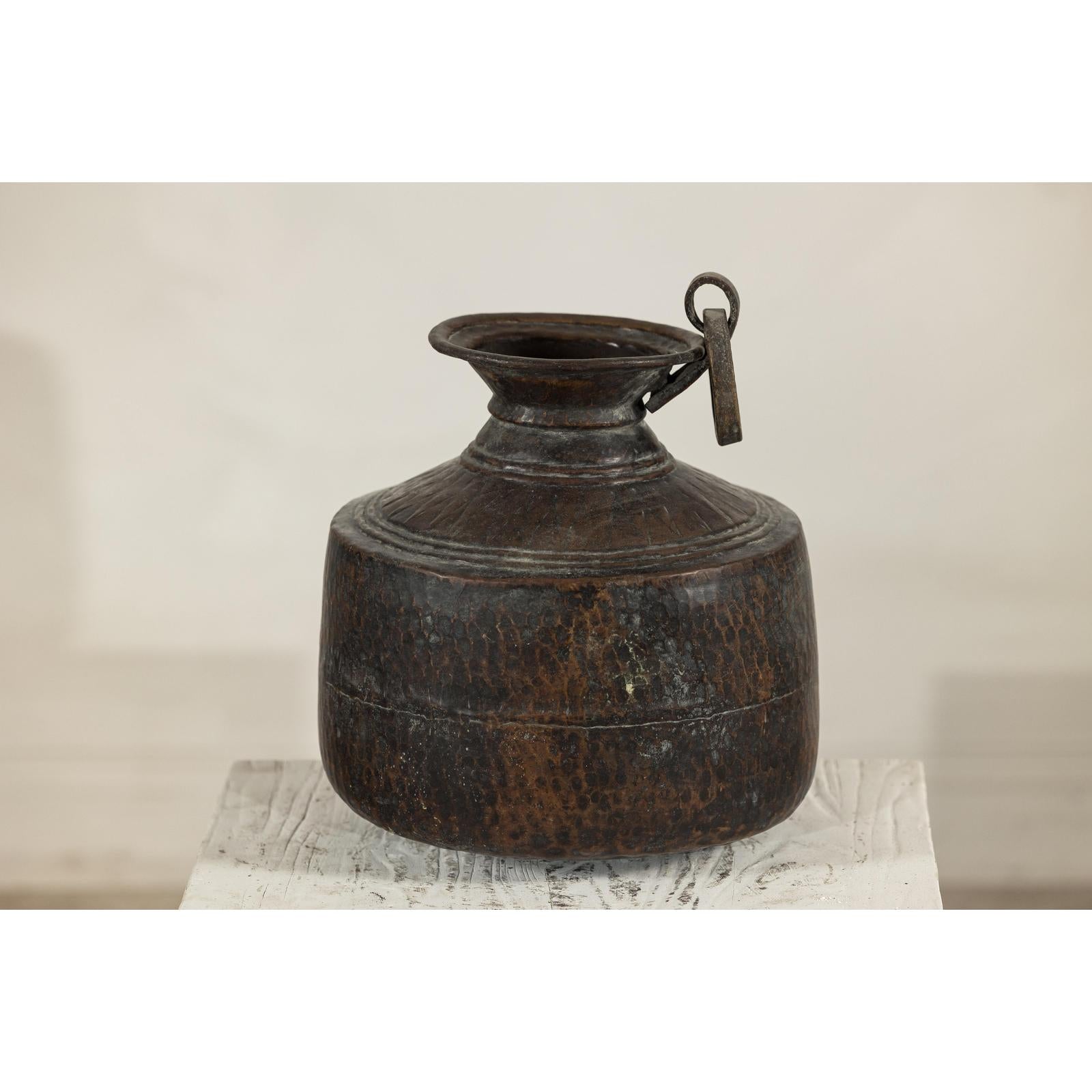 Vintage Hand-Hammered Metal Jug with Ring Handle