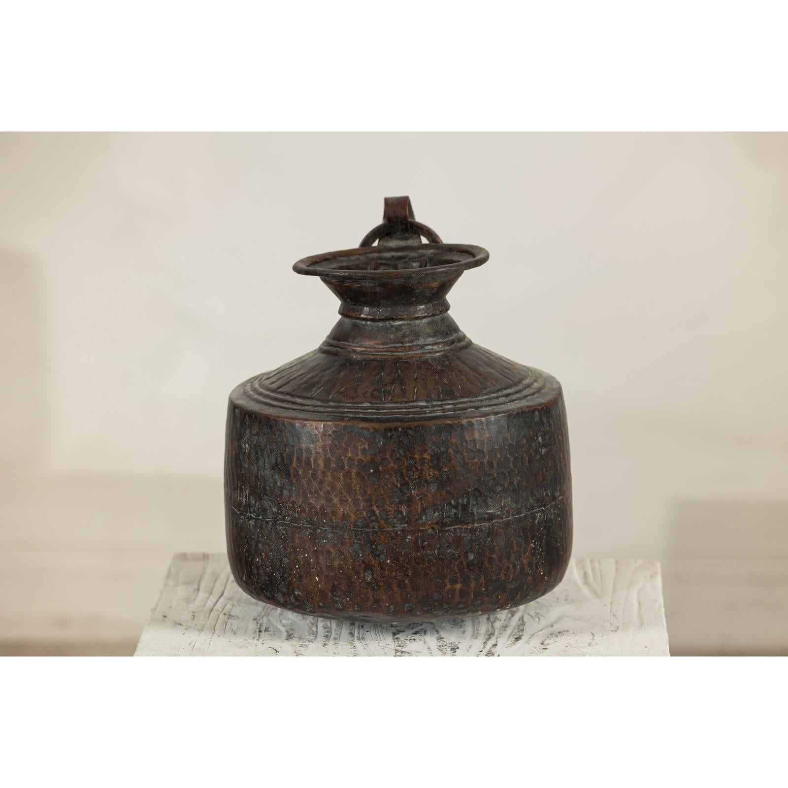 Vintage Hand-Hammered Metal Jug with Ring Handle