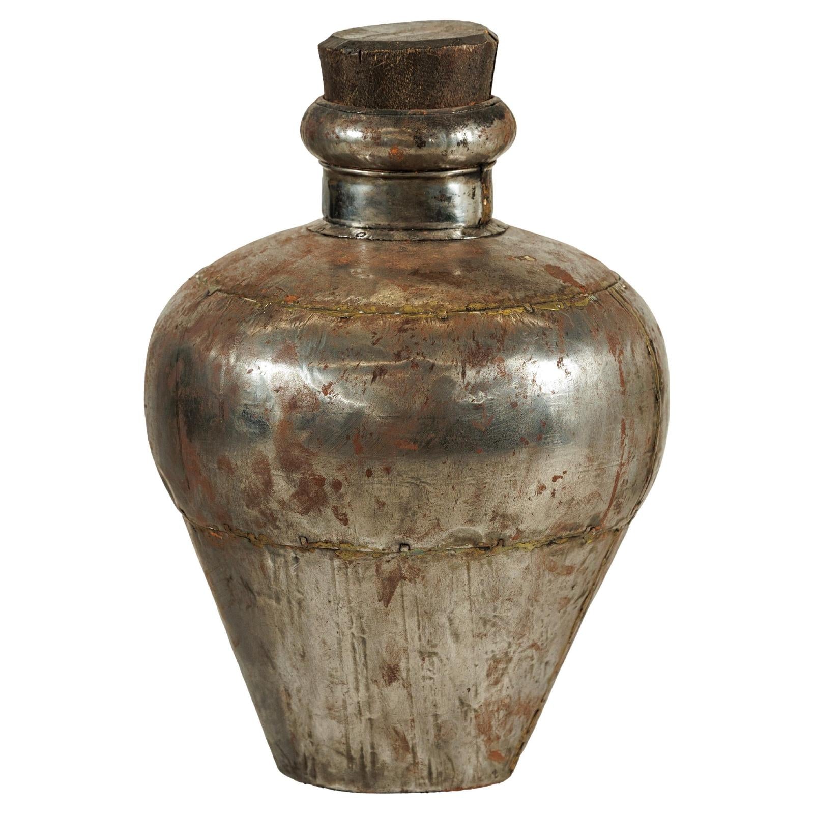 Vintage Handcrafted Metal Water Vessel with Wooden Stopper - image 1
