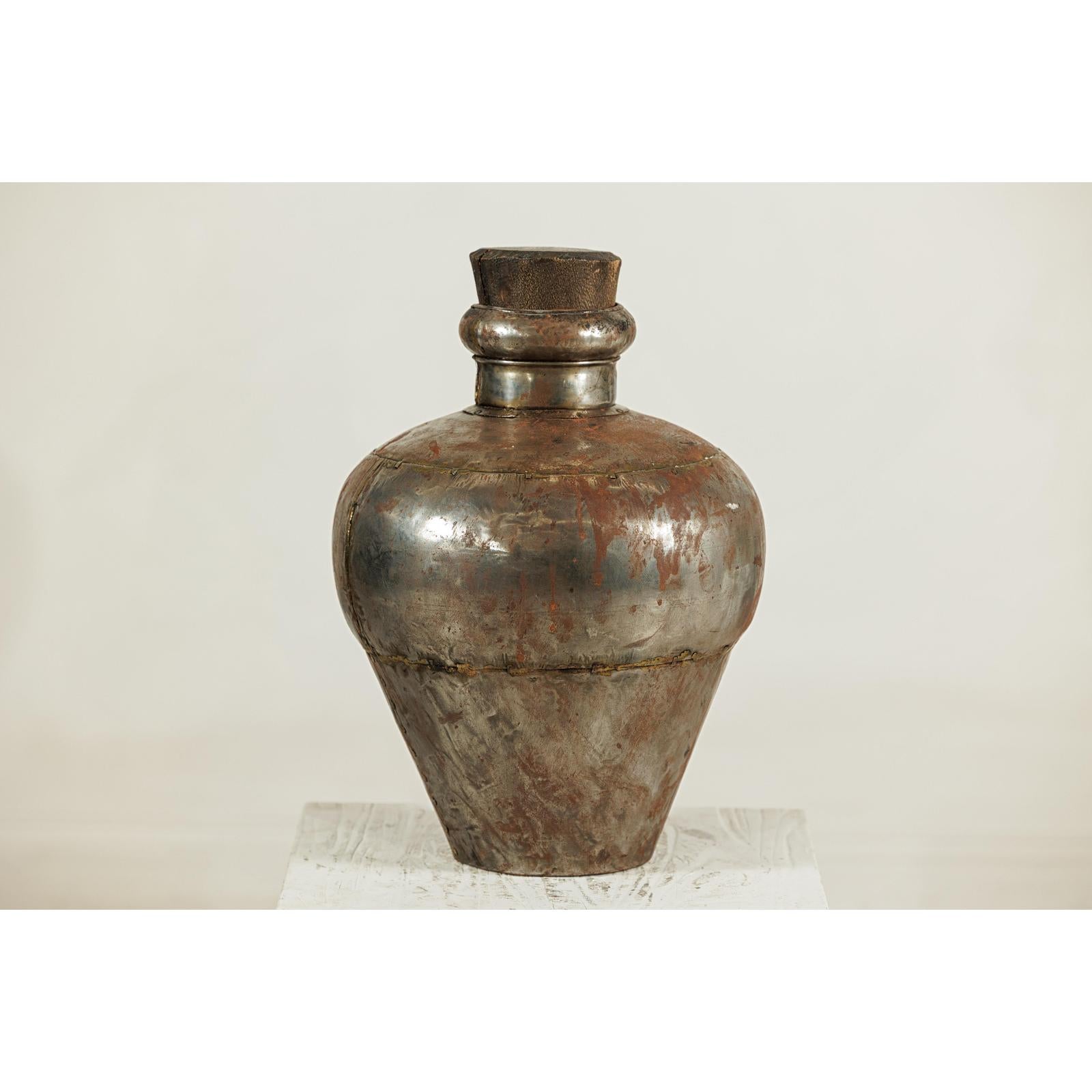 Vintage Handcrafted Metal Water Vessel with Wooden Stopper - image 10