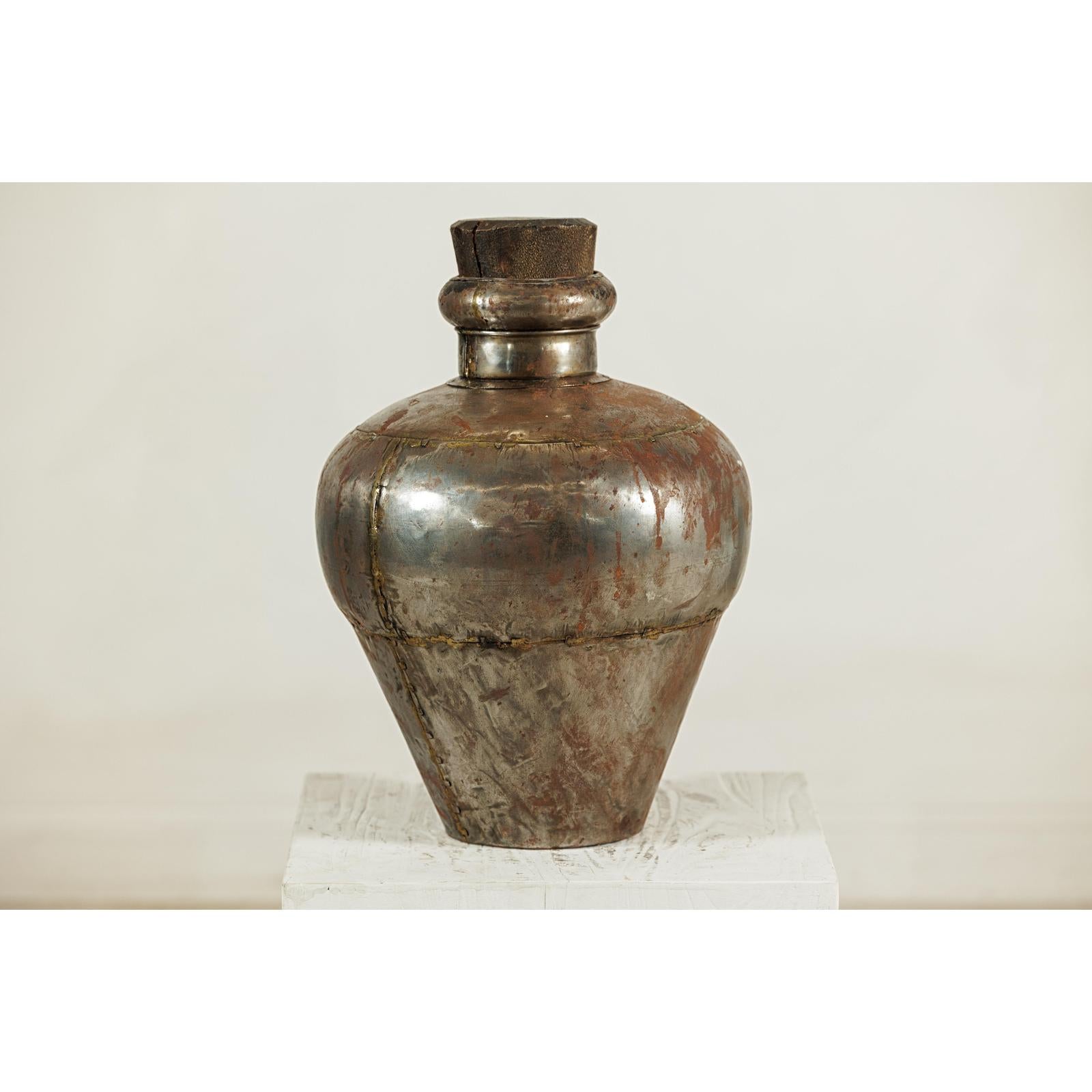Vintage Handcrafted Metal Water Vessel with Wooden Stopper - image 12