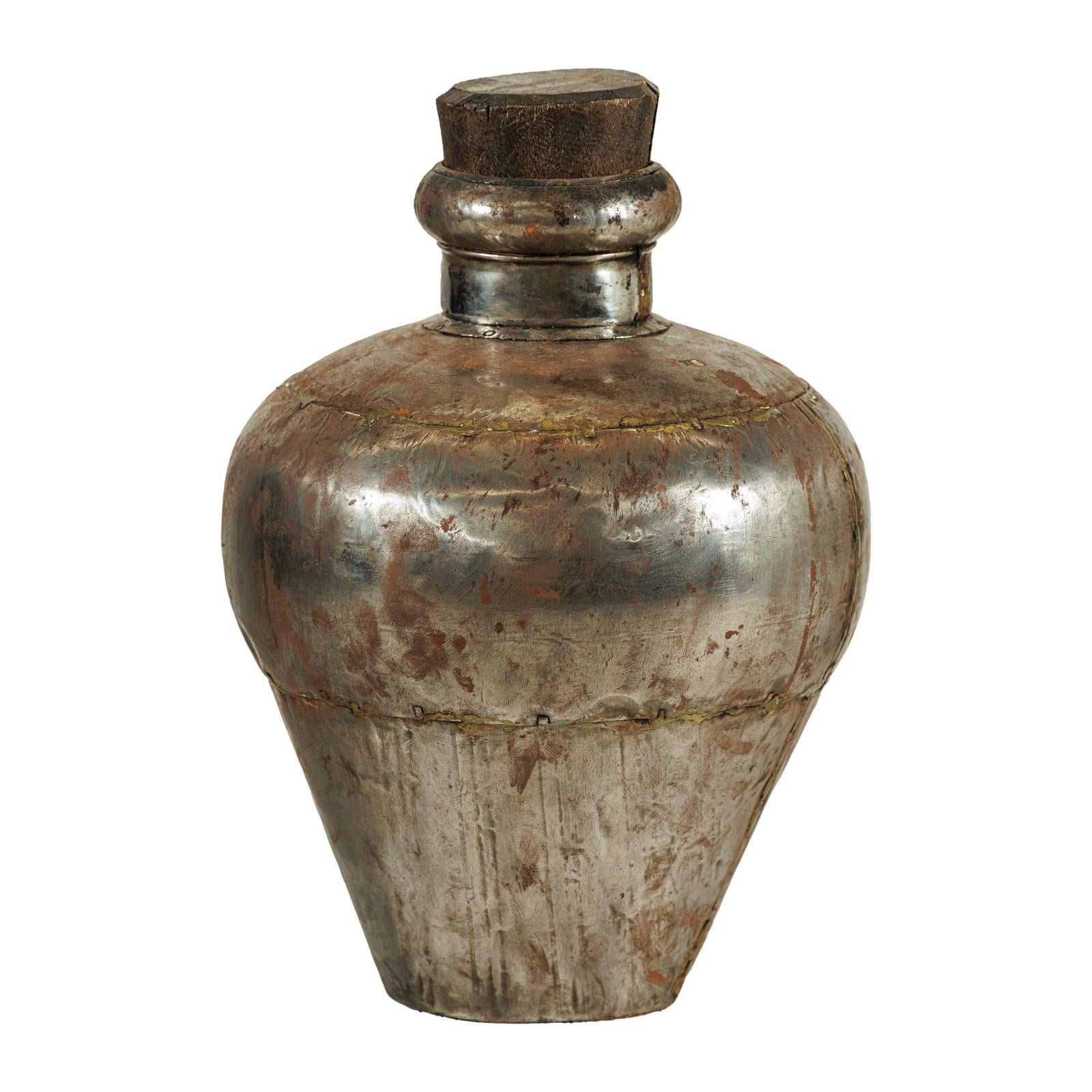 Vintage Handcrafted Metal Water Vessel with Wooden Stopper - image 13