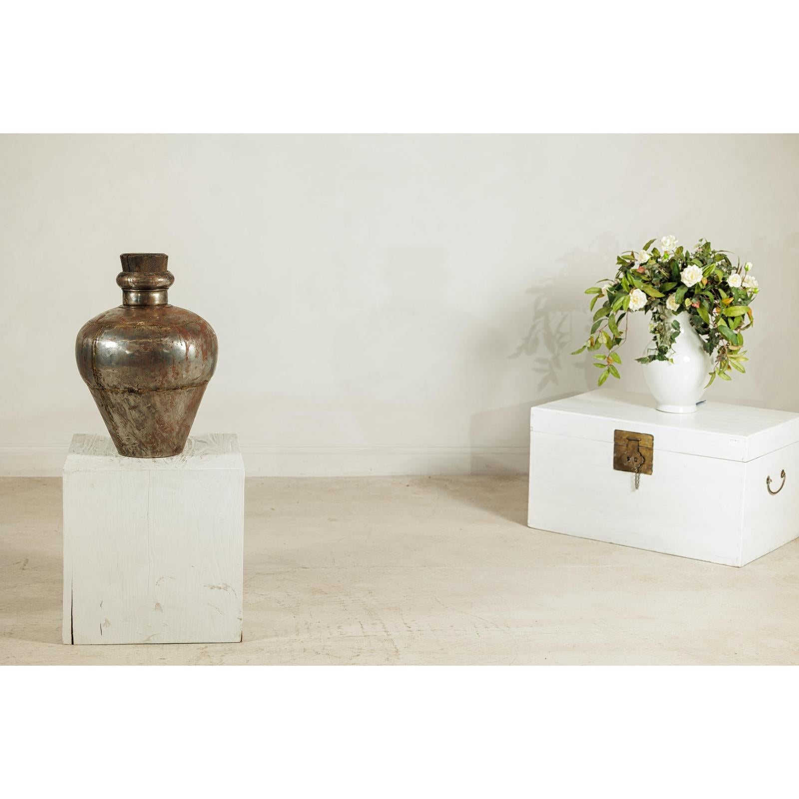 Vintage Handcrafted Metal Water Vessel with Wooden Stopper - image 2