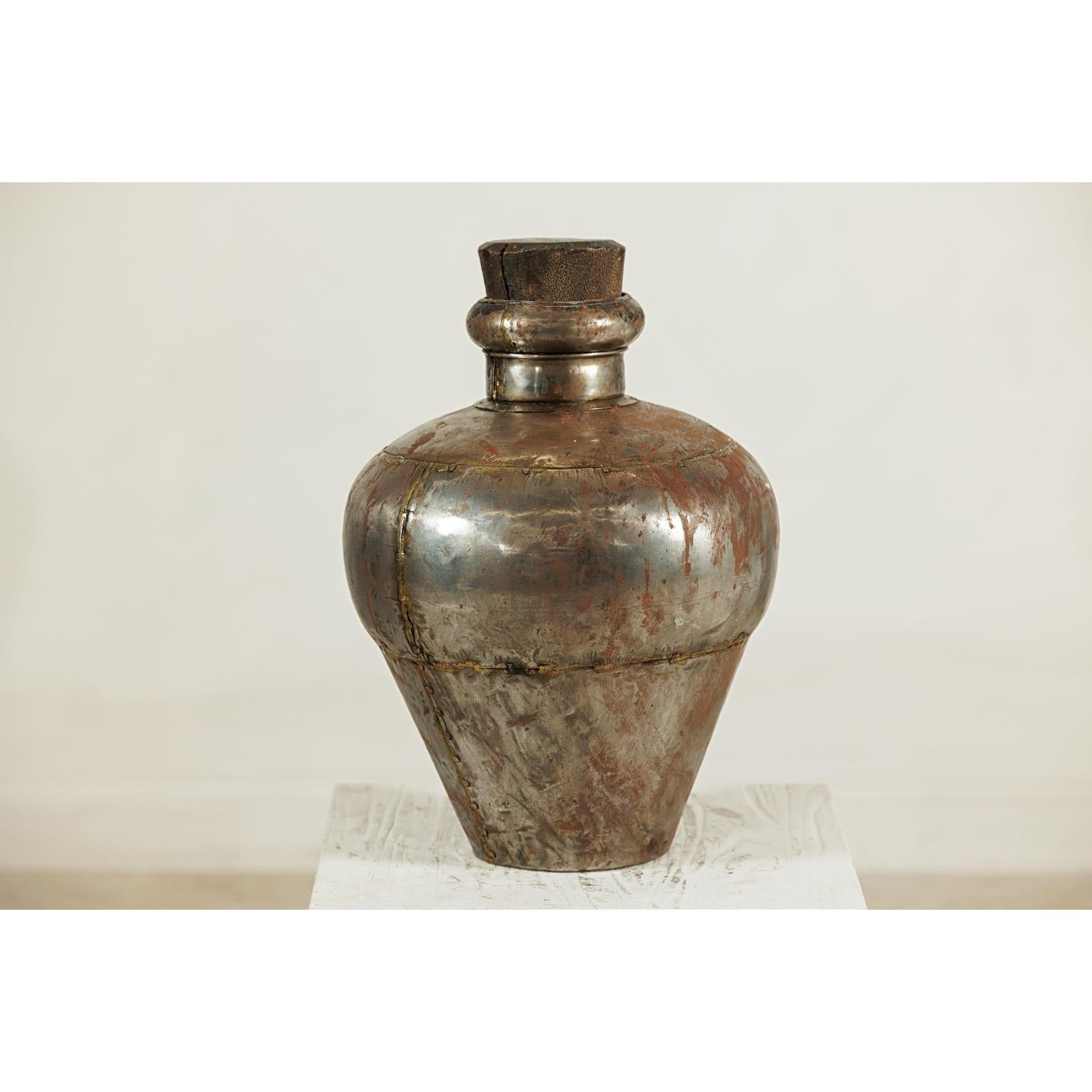 Vintage Handcrafted Metal Water Vessel with Wooden Stopper - image 3
