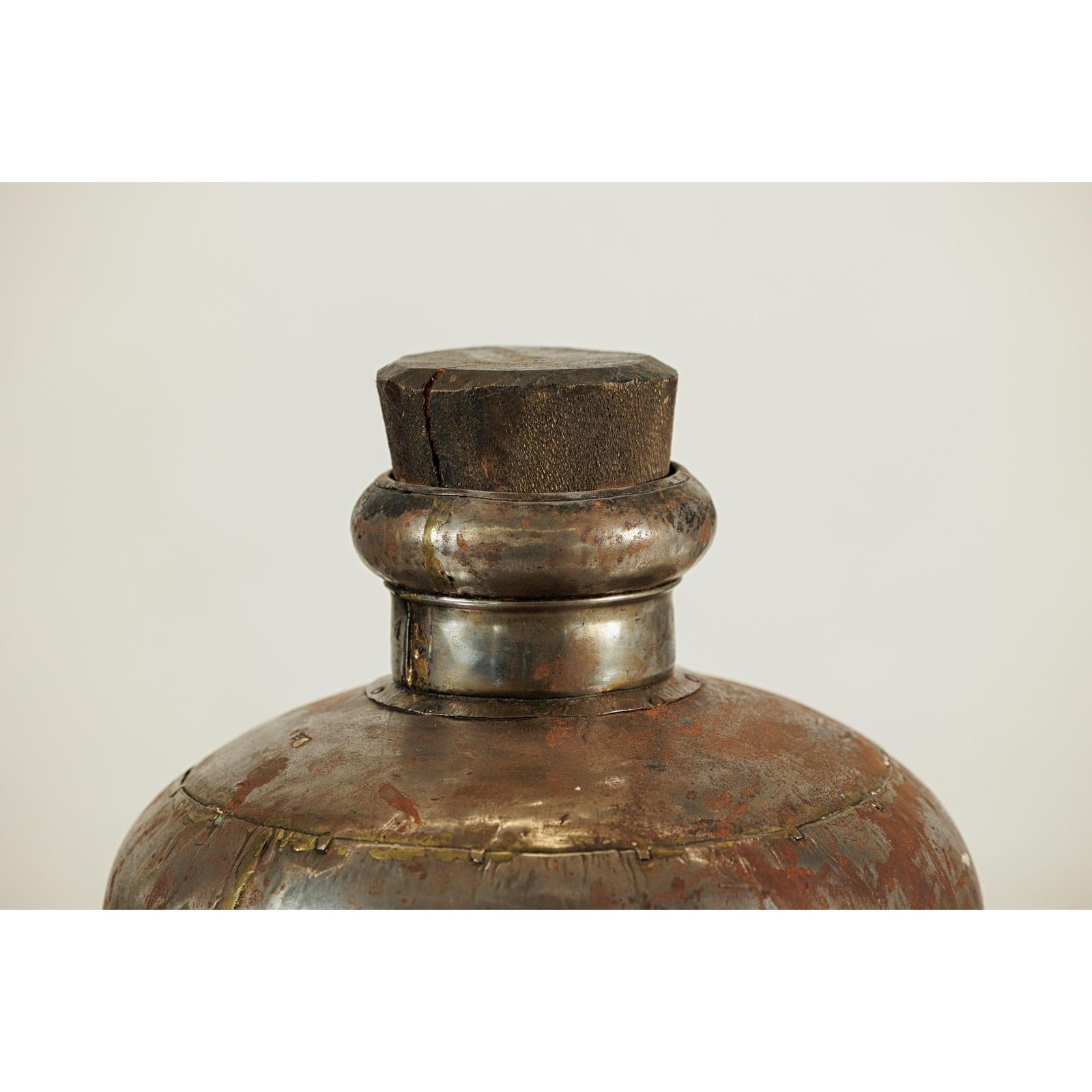 Vintage Handcrafted Metal Water Vessel with Wooden Stopper - image 4