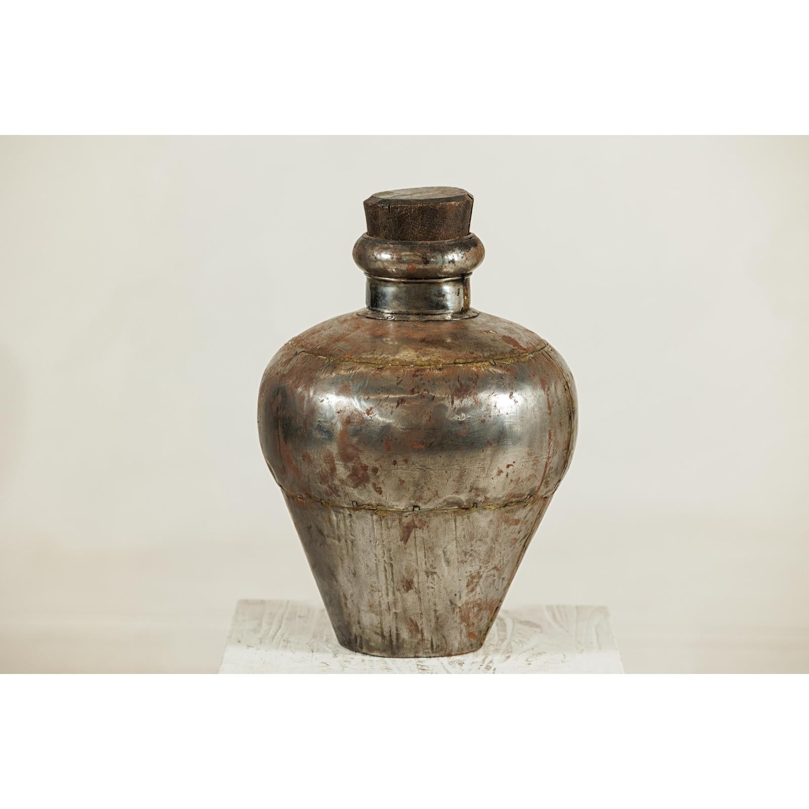 Vintage Handcrafted Metal Water Vessel with Wooden Stopper - image 8