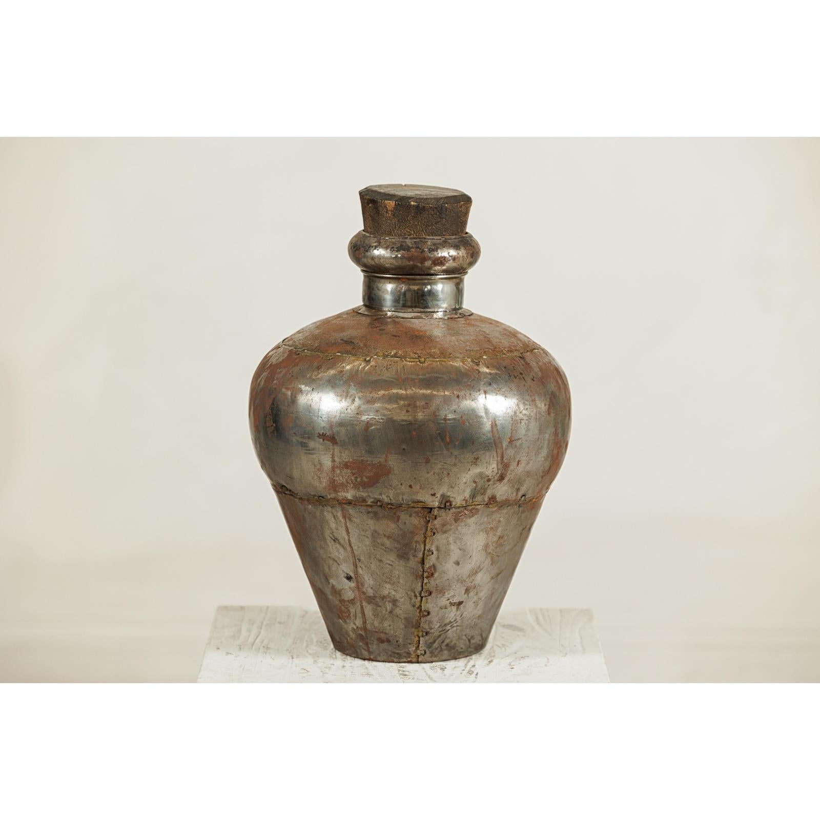 Vintage Handcrafted Metal Water Vessel with Wooden Stopper - image 9