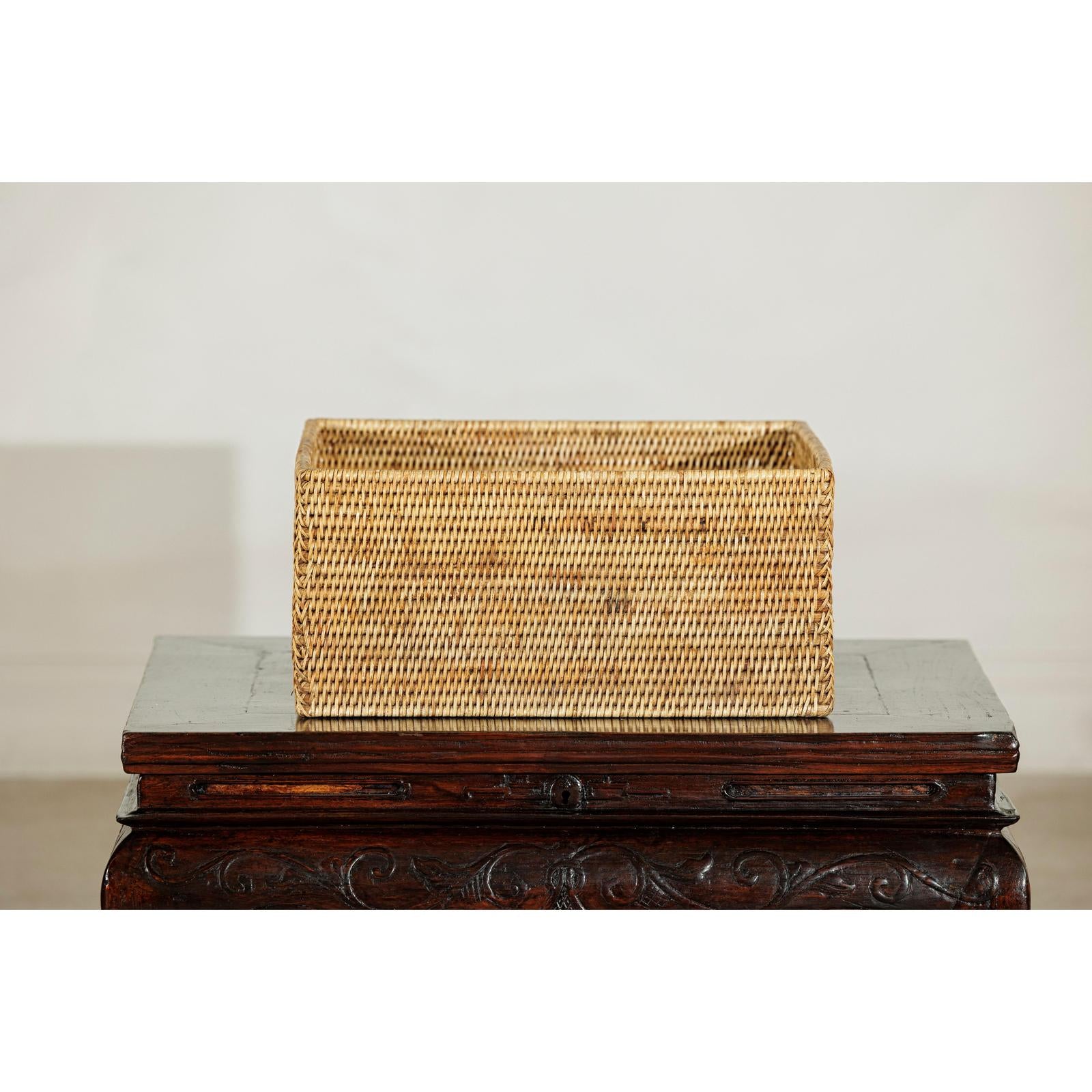 Vintage Handwoven Rattan Rectangular Storage Basket-3. Asian &amp; Chinese Furniture, Art, Antiques, Vintage Home Décor for sale at FEA Home