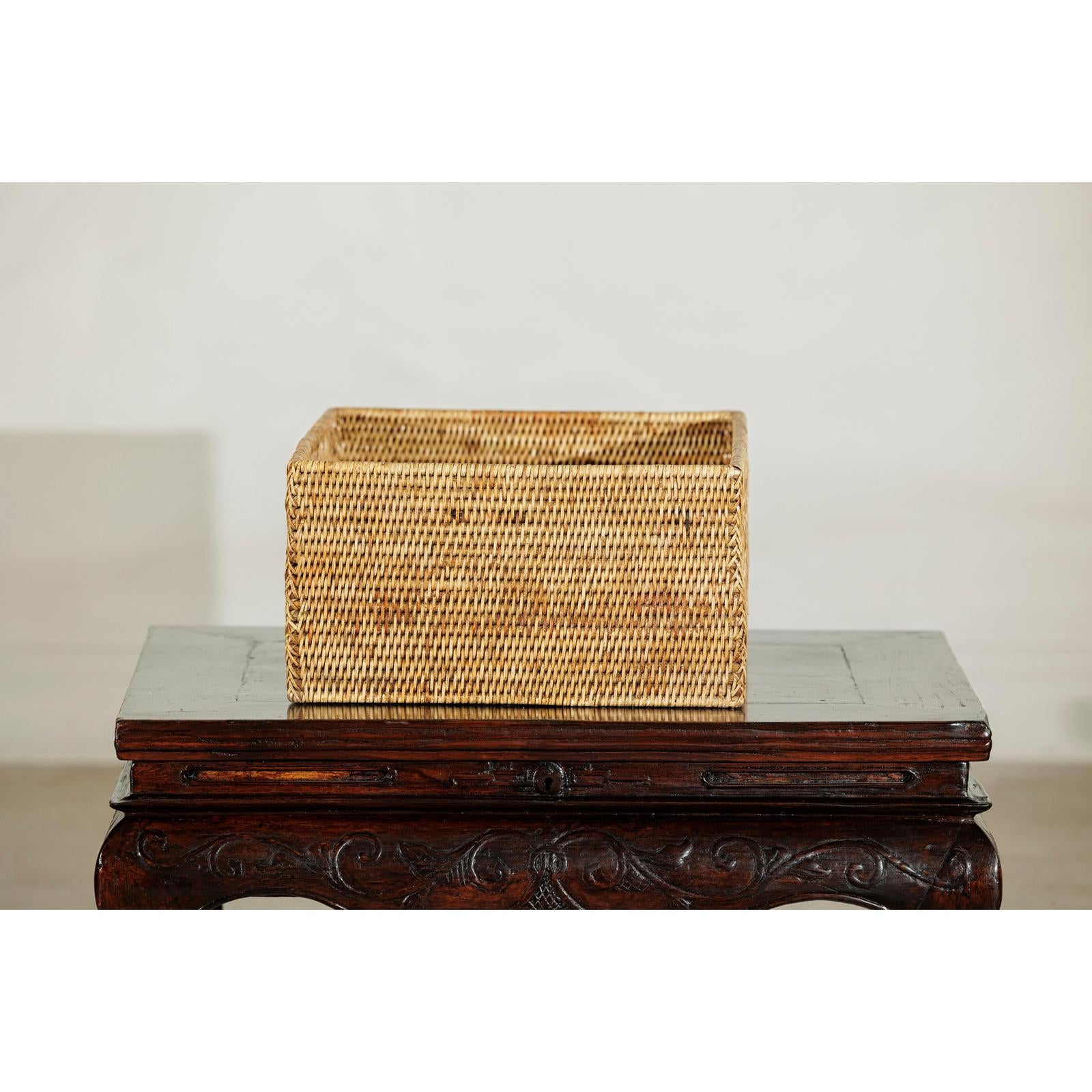 Vintage Handwoven Rattan Rectangular Storage Basket-6. Asian &amp; Chinese Furniture, Art, Antiques, Vintage Home Décor for sale at FEA Home