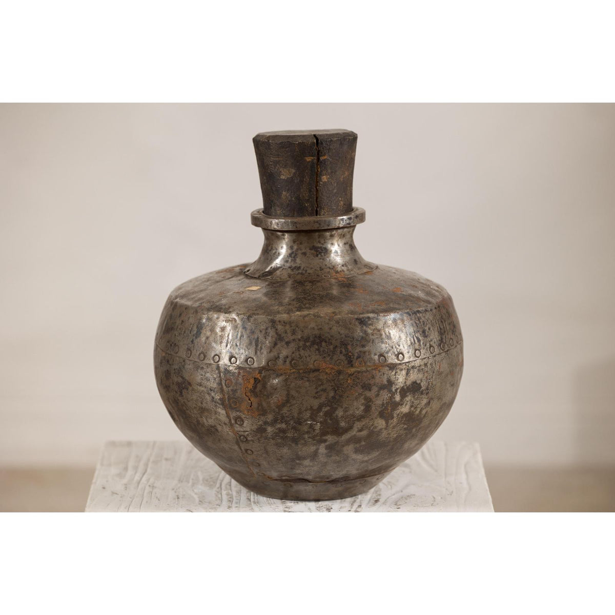 Vintage Indian hammered metal water vessel, view 10