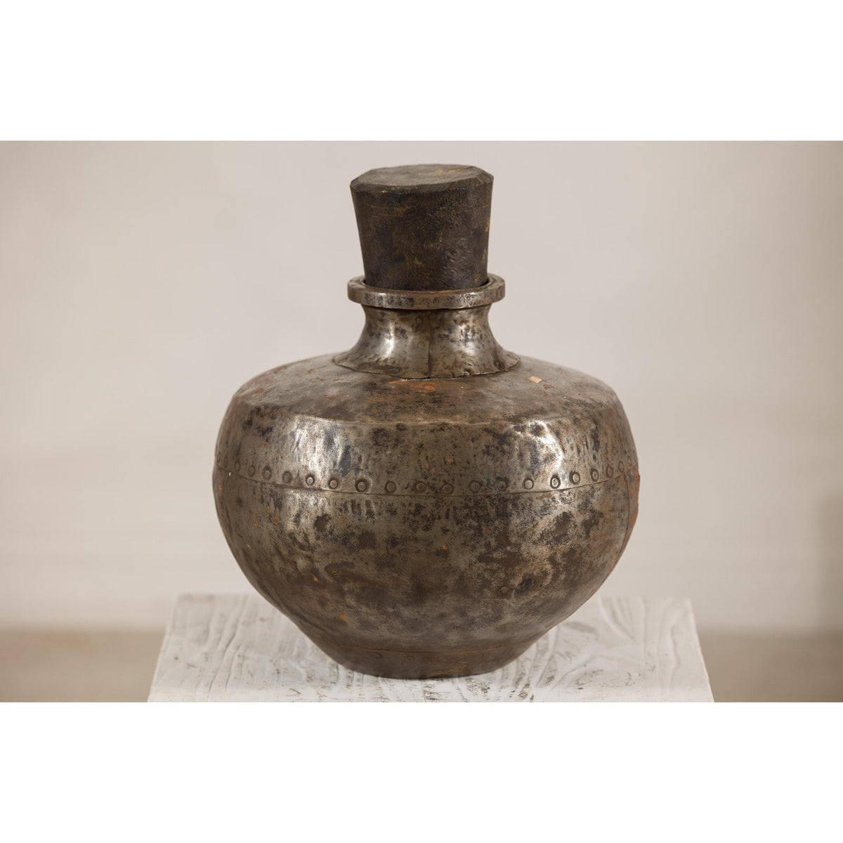 Vintage Indian hammered metal water vessel, view 11