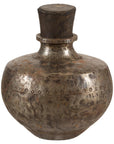 Vintage Indian hammered metal water vessel with wooden stopper