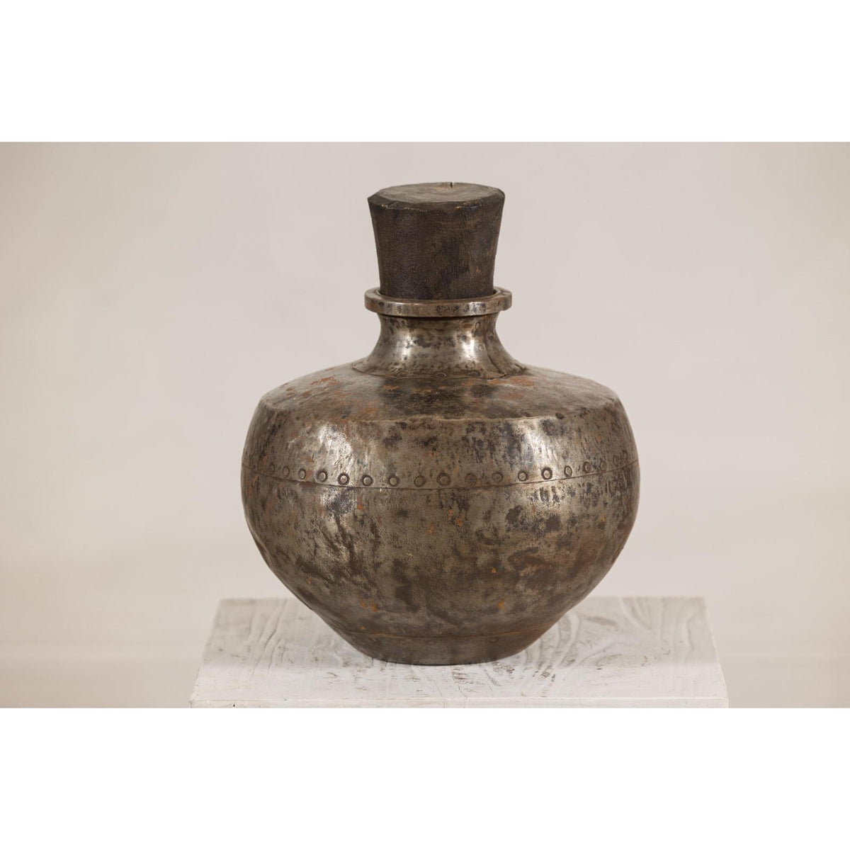 Vintage Indian hammered metal water vessel, view 3