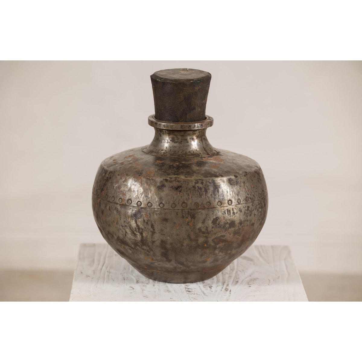 Vintage Indian hammered metal water vessel, view 4