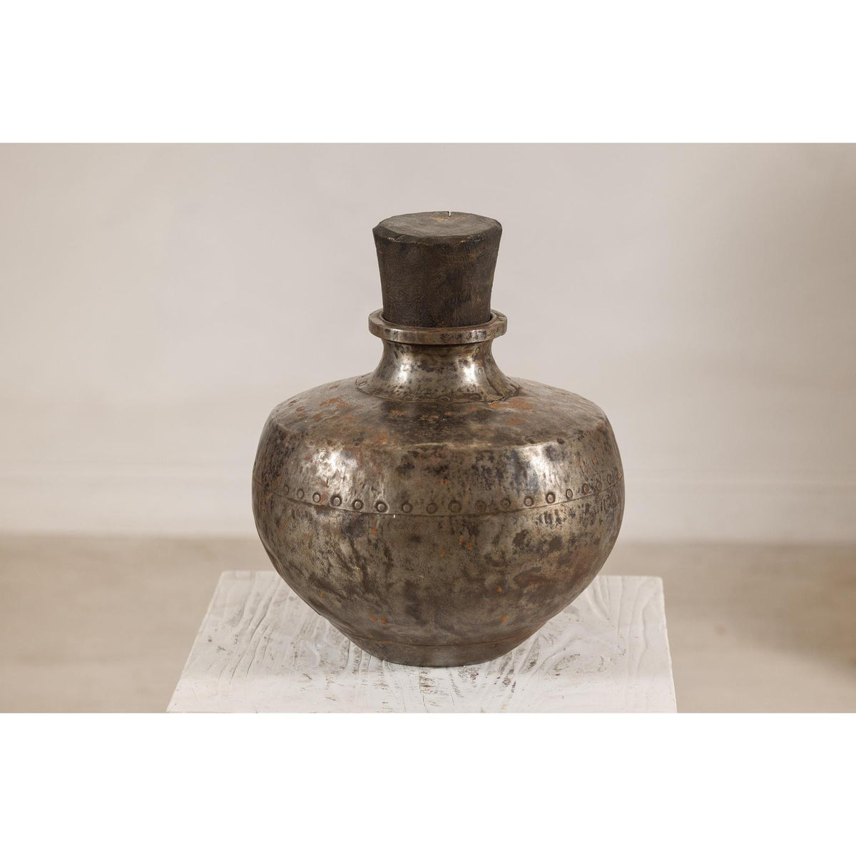 Vintage Indian hammered metal water vessel, view 5