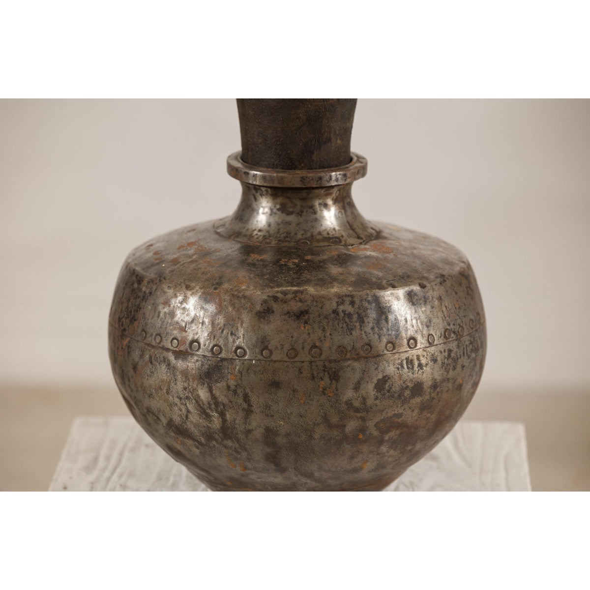 Vintage Indian hammered metal water vessel, view 7
