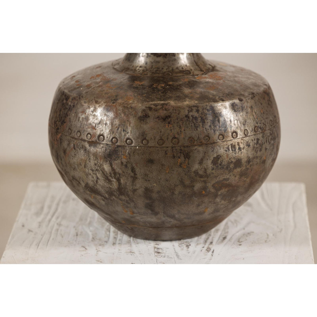 Vintage Indian hammered metal water vessel, view 8