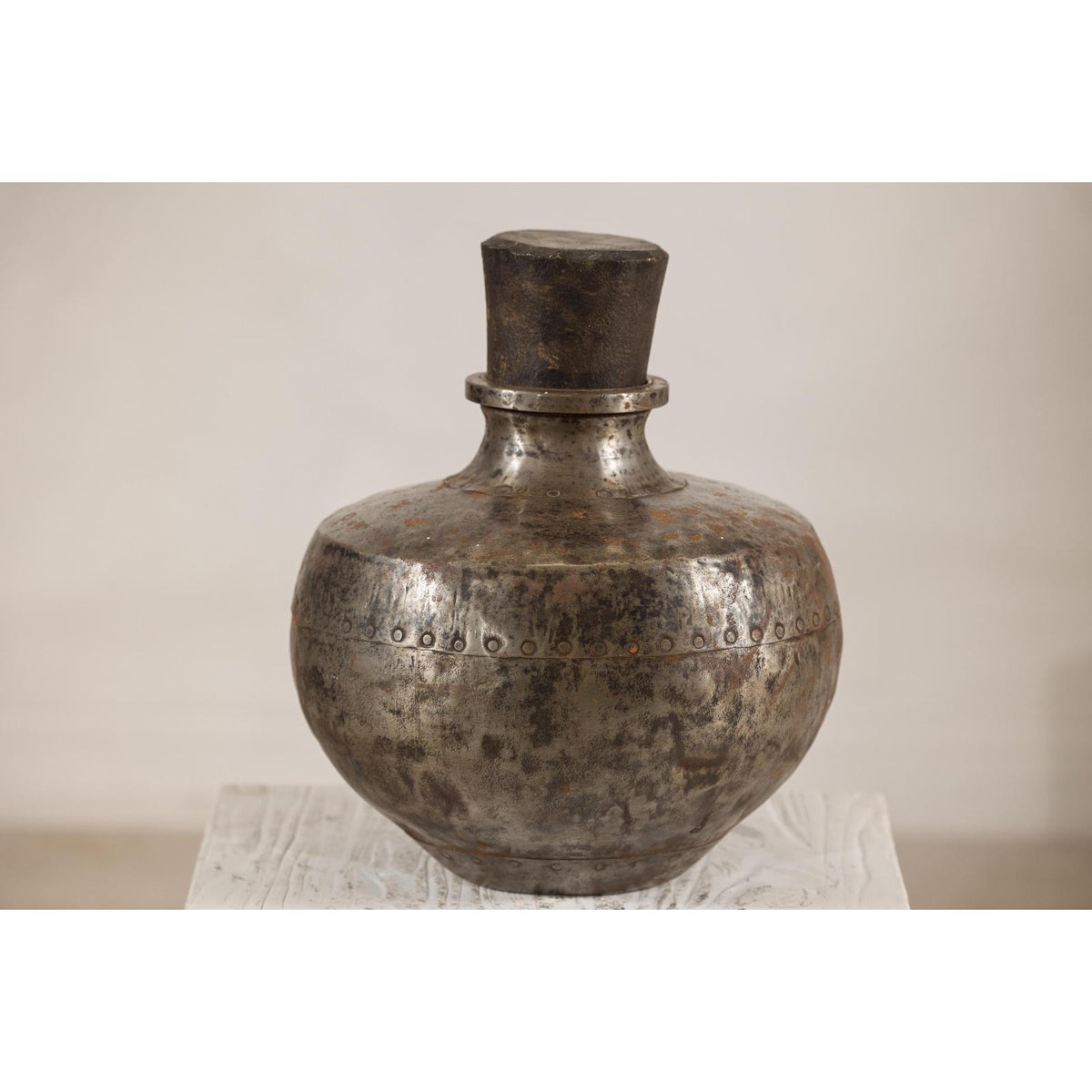 Vintage Indian hammered metal water vessel, view 9