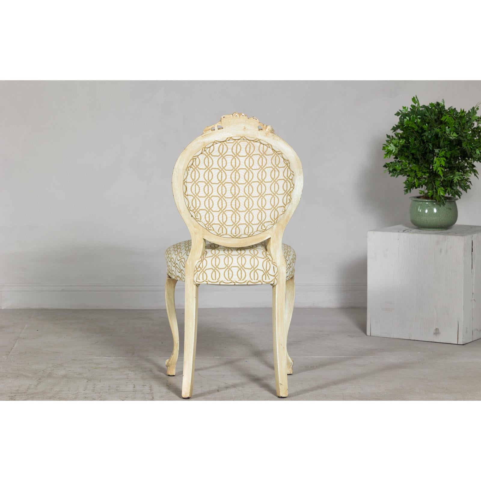 Vintage Louis XV-Style Side Chair with Floral Carving and Patterned Fabric-10. Asian &amp; Chinese Furniture, Art, Antiques, Vintage Home Décor for sale at FEA Home