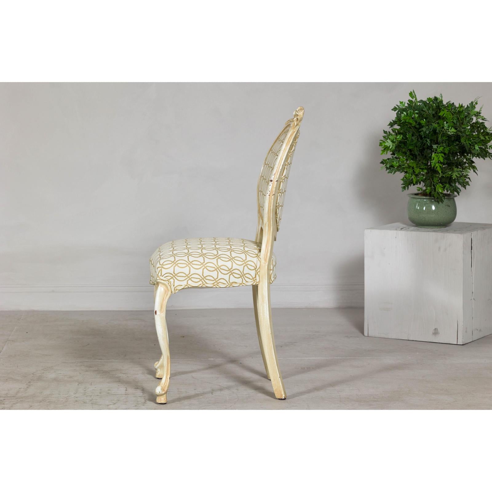 Vintage Louis XV-Style Side Chair with Floral Carving and Patterned Fabric-11. Asian &amp; Chinese Furniture, Art, Antiques, Vintage Home Décor for sale at FEA Home