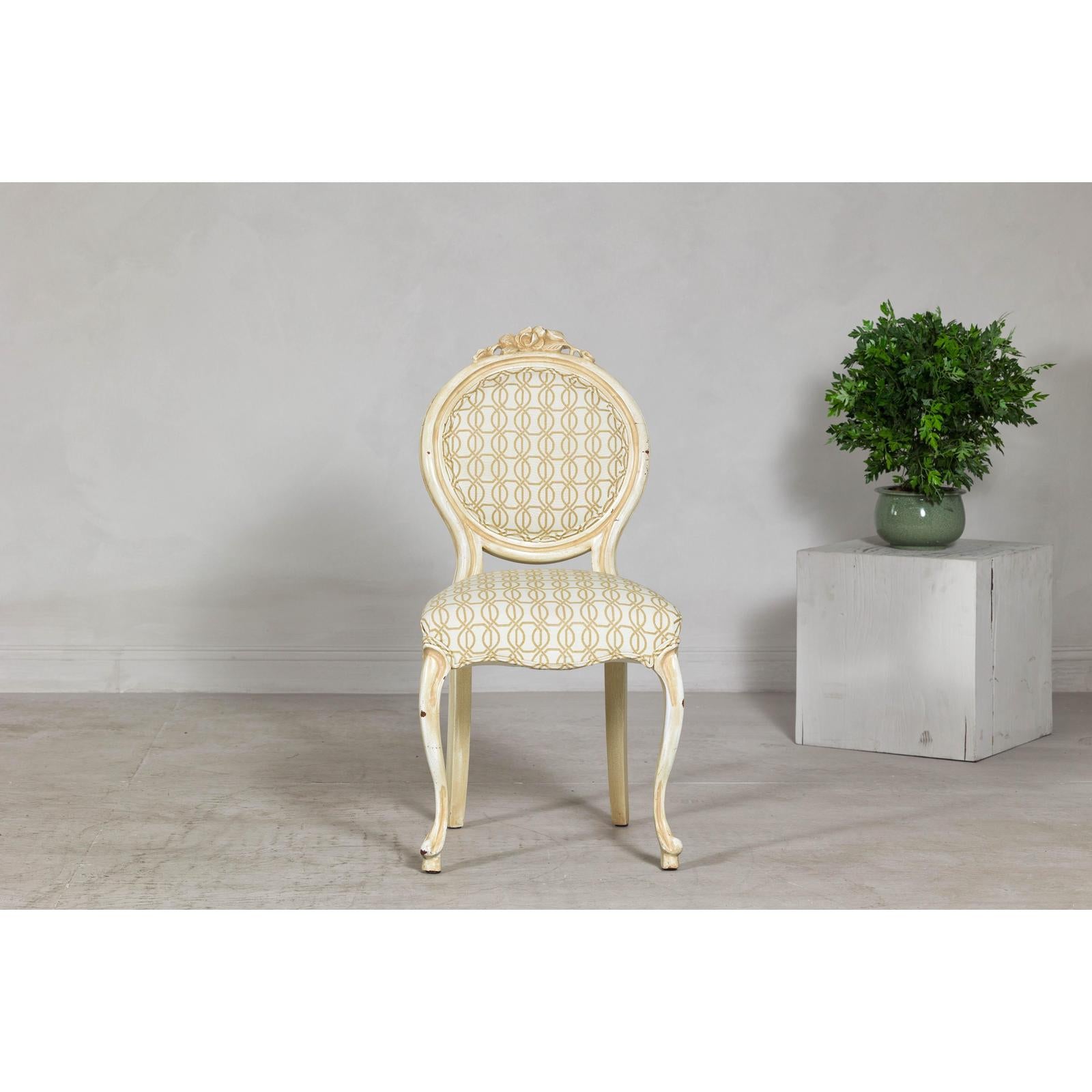 Vintage Louis XV-Style Side Chair with Floral Carving and Patterned Fabric-13. Asian &amp; Chinese Furniture, Art, Antiques, Vintage Home Décor for sale at FEA Home