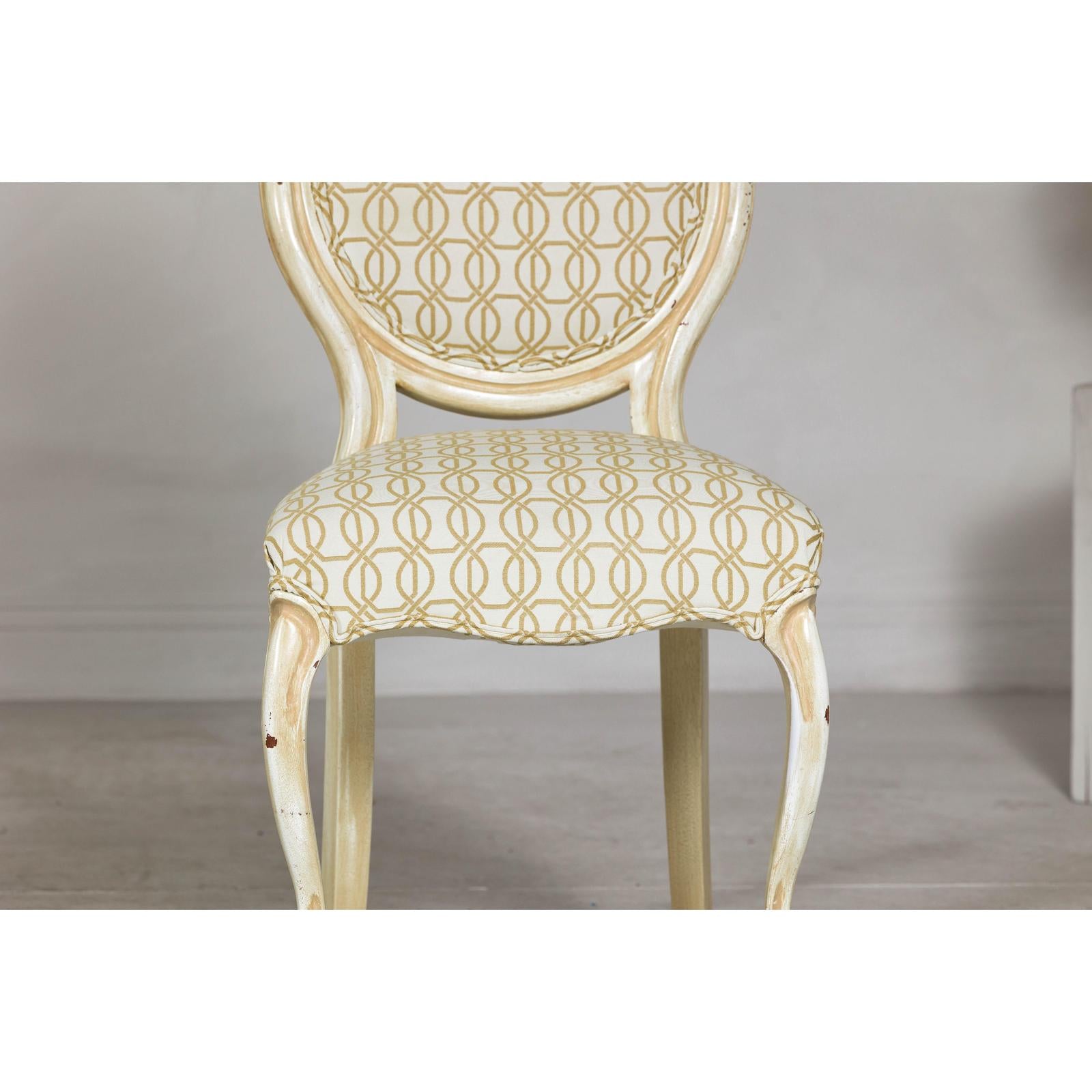 Vintage Louis XV-Style Side Chair with Floral Carving and Patterned Fabric-4. Asian &amp; Chinese Furniture, Art, Antiques, Vintage Home Décor for sale at FEA Home