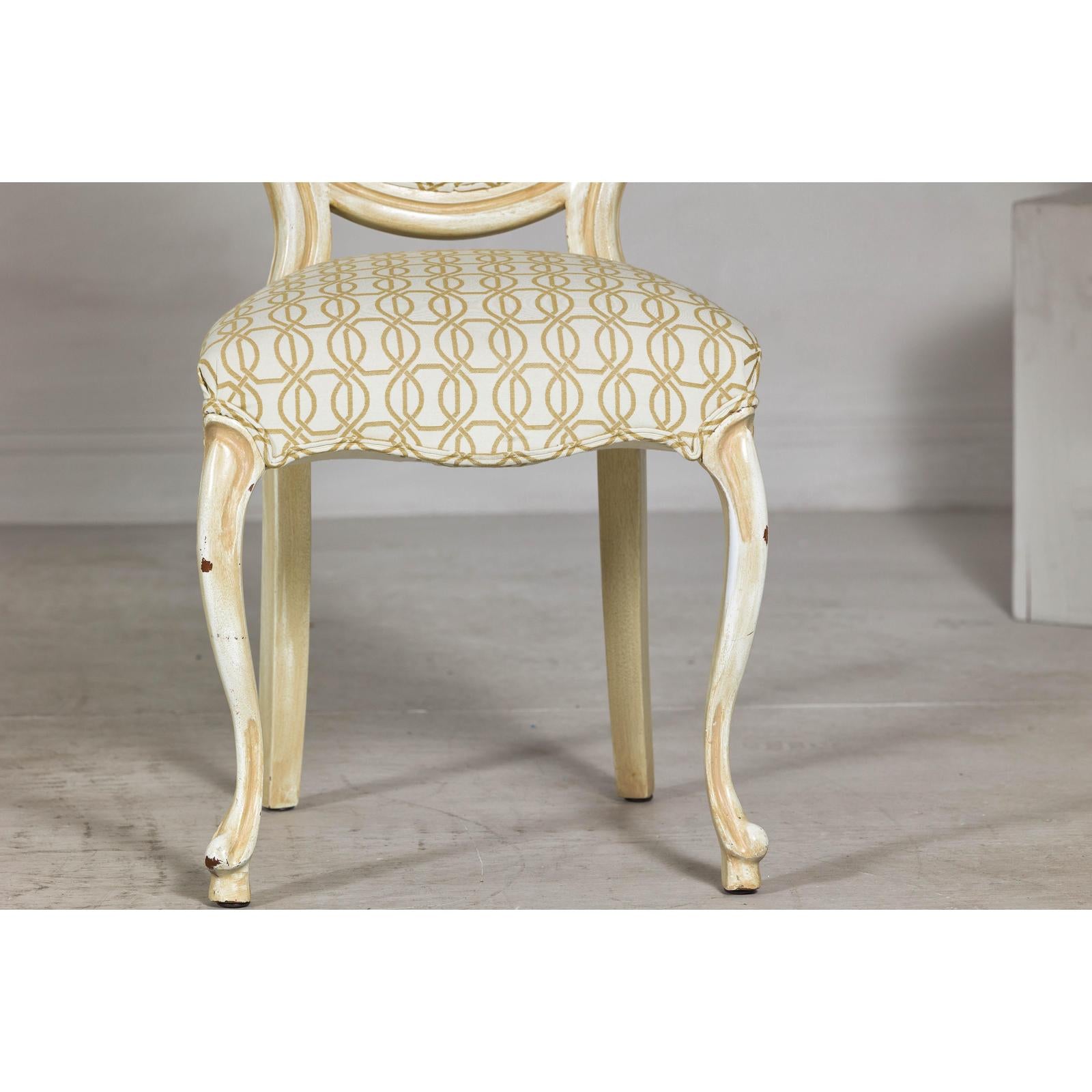 Vintage Louis XV-Style Side Chair with Floral Carving and Patterned Fabric-5. Asian &amp; Chinese Furniture, Art, Antiques, Vintage Home Décor for sale at FEA Home